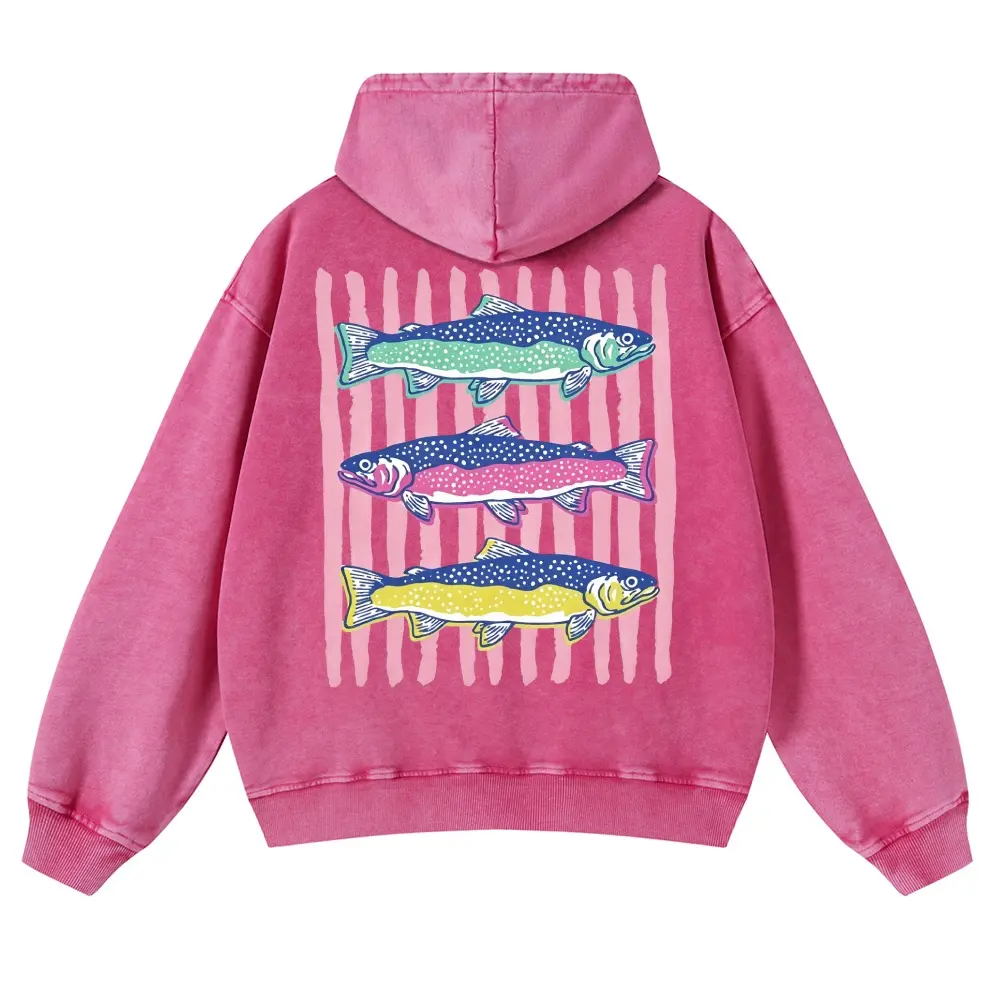[ DTG Print ] Three Pastel Spotted Trout Pink Vertical Stripe Back Print 380g Autumn VIntage Washed Hoodie Graphic Sweatshirt