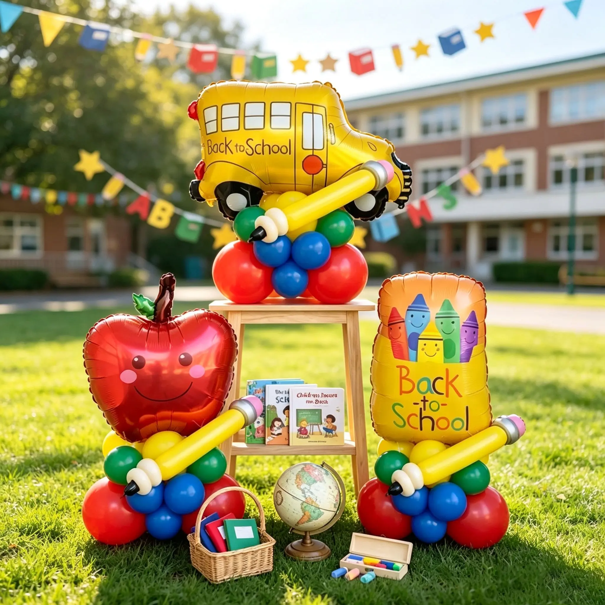 Back-To-School Theme Balloon Column Set, Balloon Arch Balloons, Balloons Decorations, Includes Apple, Bus, Crayon Box Balloons, Latex and Long Balloons, for back-to-school classroom decorations, kindergarten opening ceremonies