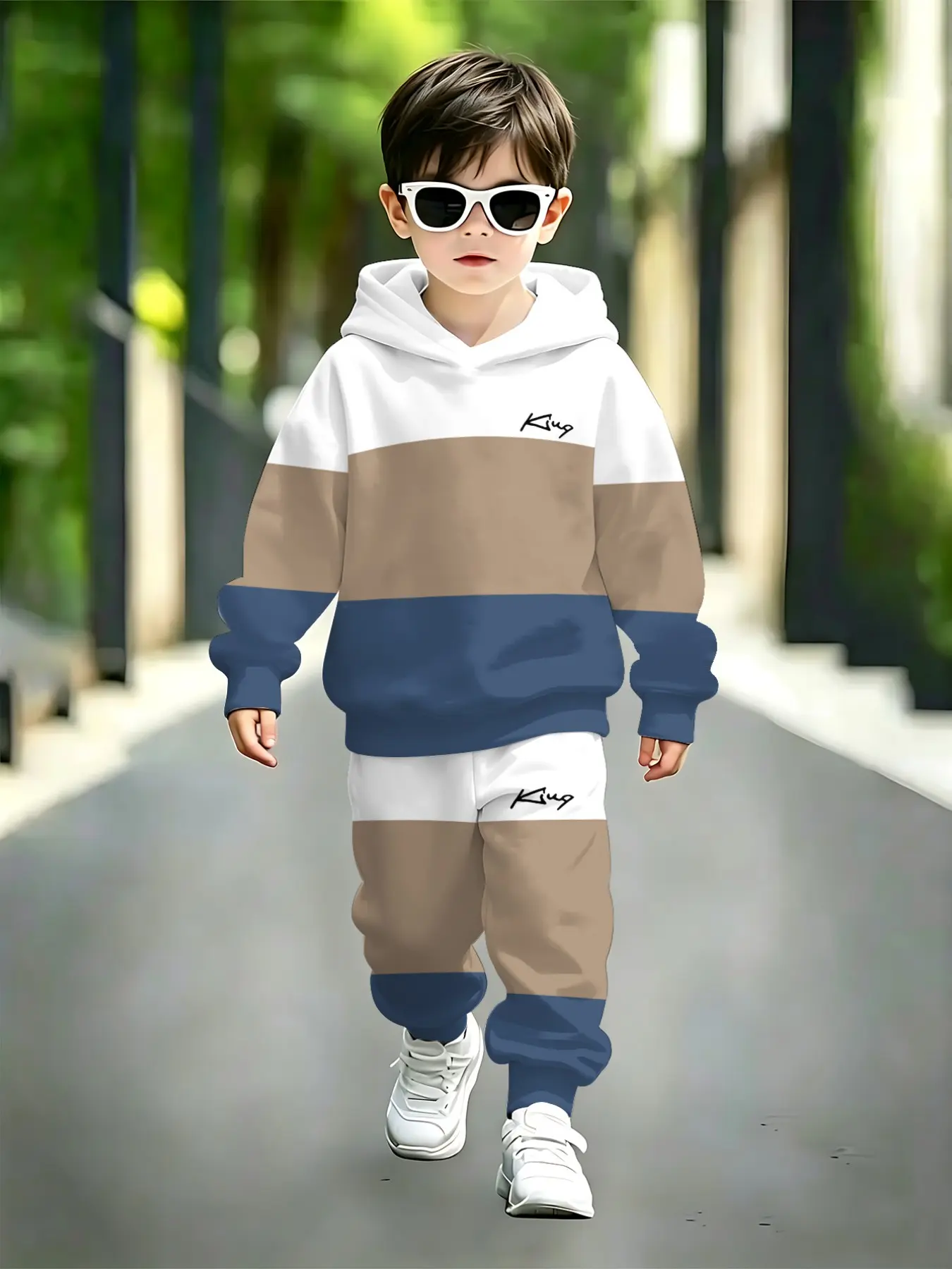 Boys' Colorblock Hoodie Set, Kids Striped King Letter Long Sleeve Hooded Sweatshirt and Pants Two-Piece Set Outfit Sets, Casual Sportswear for Fall & Winter