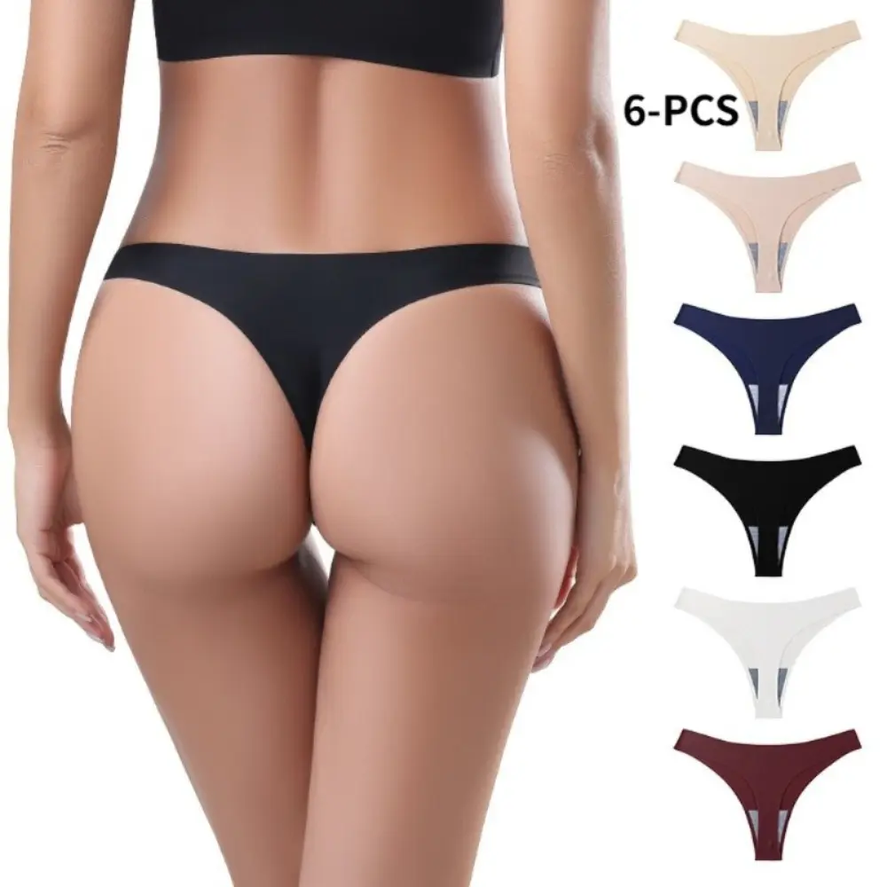 Women's 6-PCS Multi-Color Seamless Thong Lingerie Set - Low Rise, Invisible Line, Solid Plain, Stretch Blend Fabric, Soft, Breathable, Lightweight, Casual, Cotton, Black Leggings Compatible Underwear for Everyday Wear