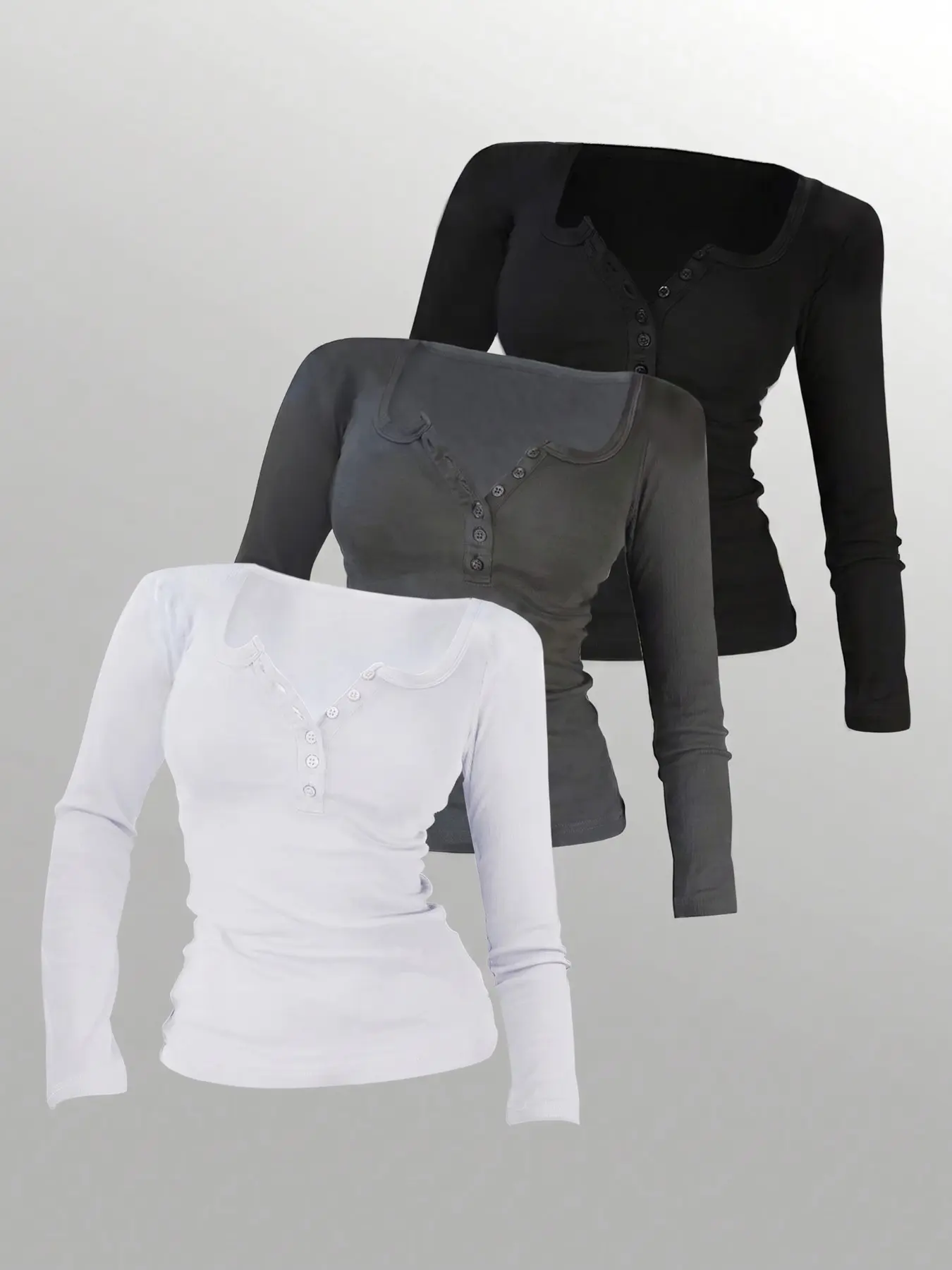 3 Pack Solid Henley Button Square Neck Long Sleeve Crop Tops For Women, Soft Stretch Slim Fitted Basic Layering Tees, Casual Undershirt Shirts Match Jeans For Daily Autumn Street Wear