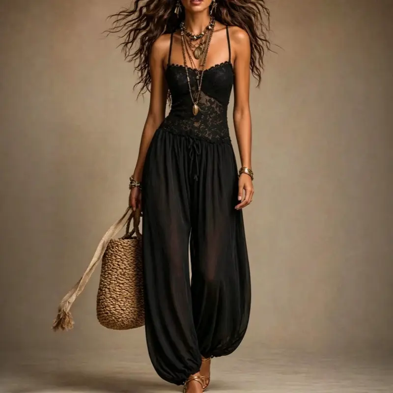 Women's 2026 New Bohemian Style Sleeveless Black-Strap Chiffon Summer Sexy Lace Overalls, Lady's Fashion Outfits #10723, Women's Fashion, Jumpsuits For Women