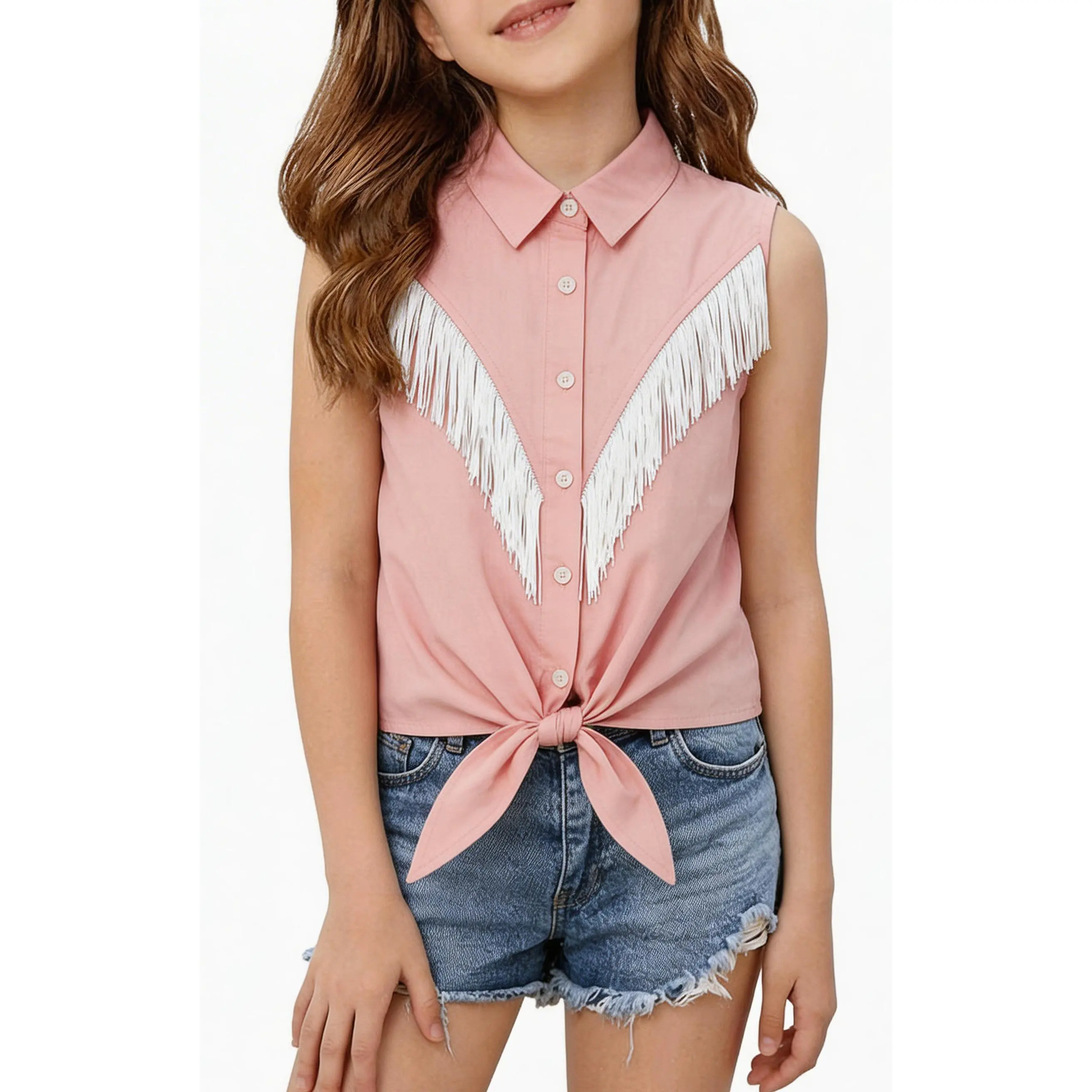 Girls' Fringe Tank Top 100% Cotton - Sleeveless Tassel Hem Front Knot Shirt, Kids Boho Western Cowgirl Summer Clothes GSB