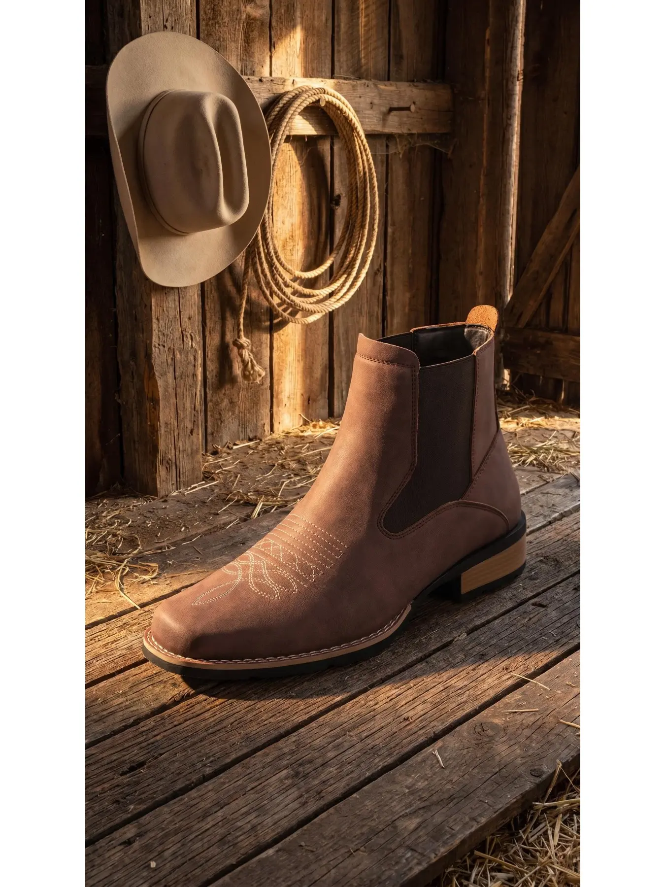 Men's Vintage Embroidered Chelsea Boots, Western Style Slip On Elastic Ankle Boots, Distressed Leather Block Heel Casual Work Boot, Non Slip Outdoor Dress Ankle Boots for Daily Commute