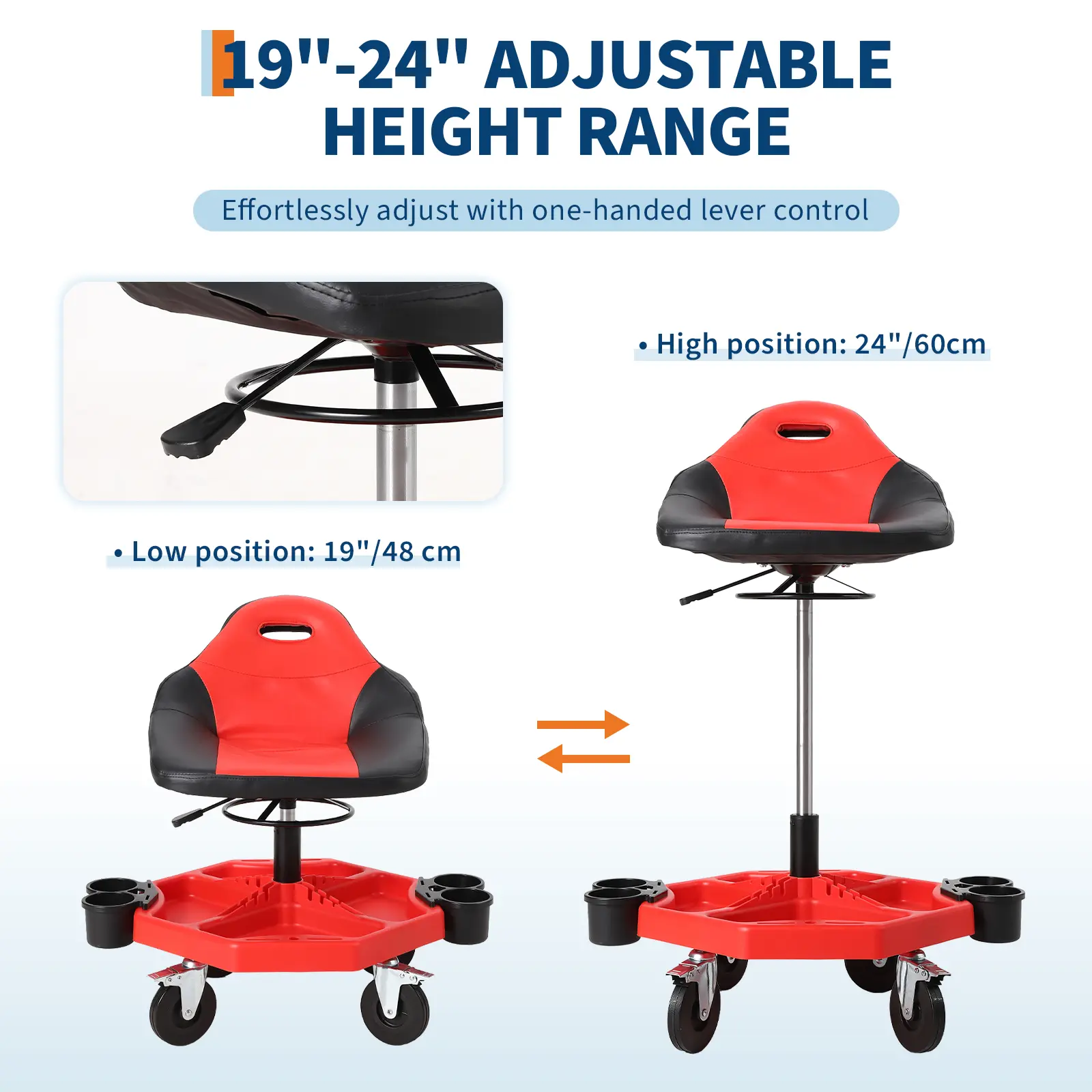 【Garvee】Heavy Duty Adjustable Rolling Mechanic Stool - 16-21 in Hydraulic Lever Control Seat, Ergonomic Padded Cushion, 300 lbs Capacity, Magnetic Tool Tray, 360° Lockable Swivel Casters, Garage Auto Repair Tools Hardware Kit Creeper Chair