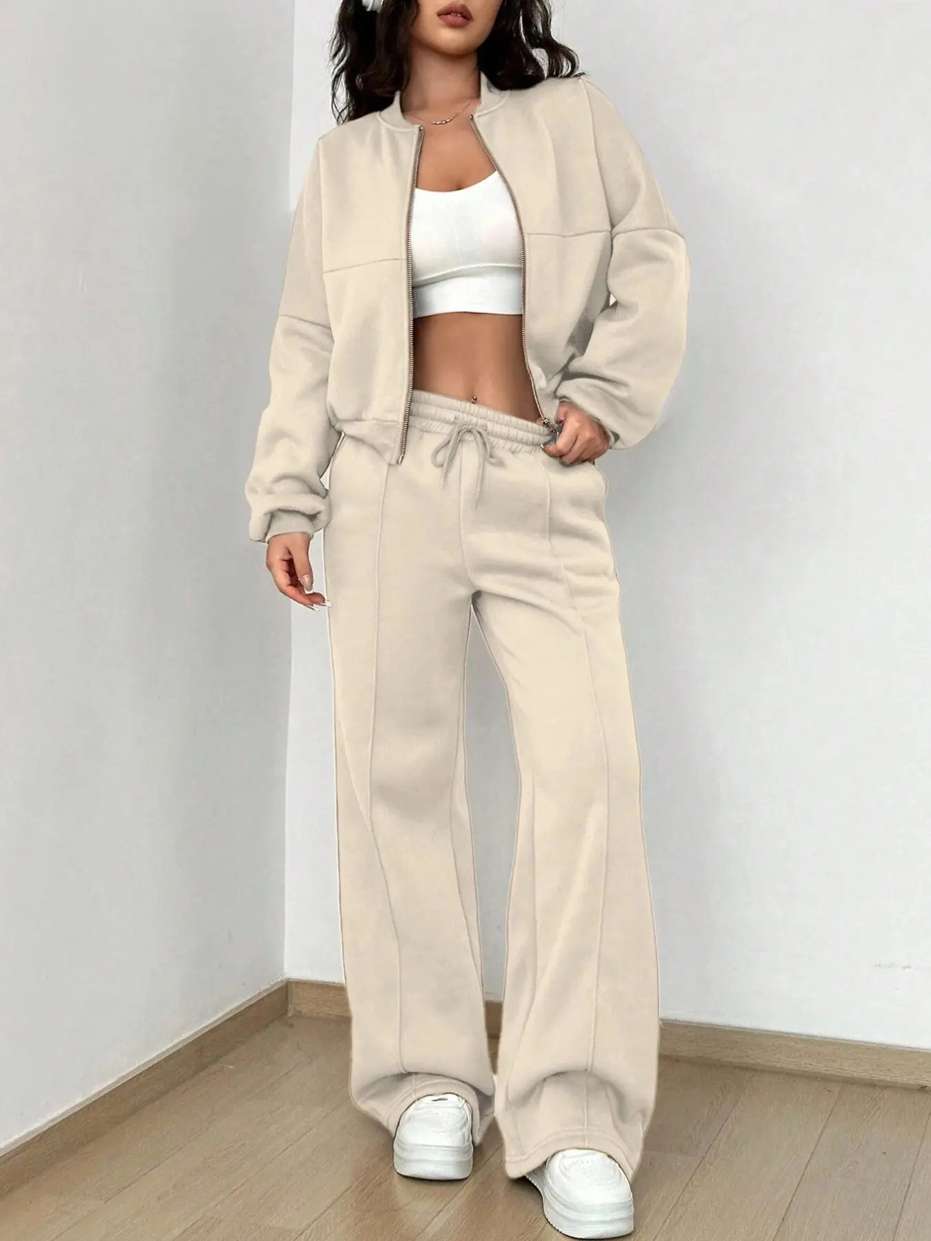 Women's Two-Piece Sports Set, Long Sleeve Zipper Short Jacket with Drawstring Wide Leg Pants, Casual Home Sweatshirt Set, Lounge Tracksuits