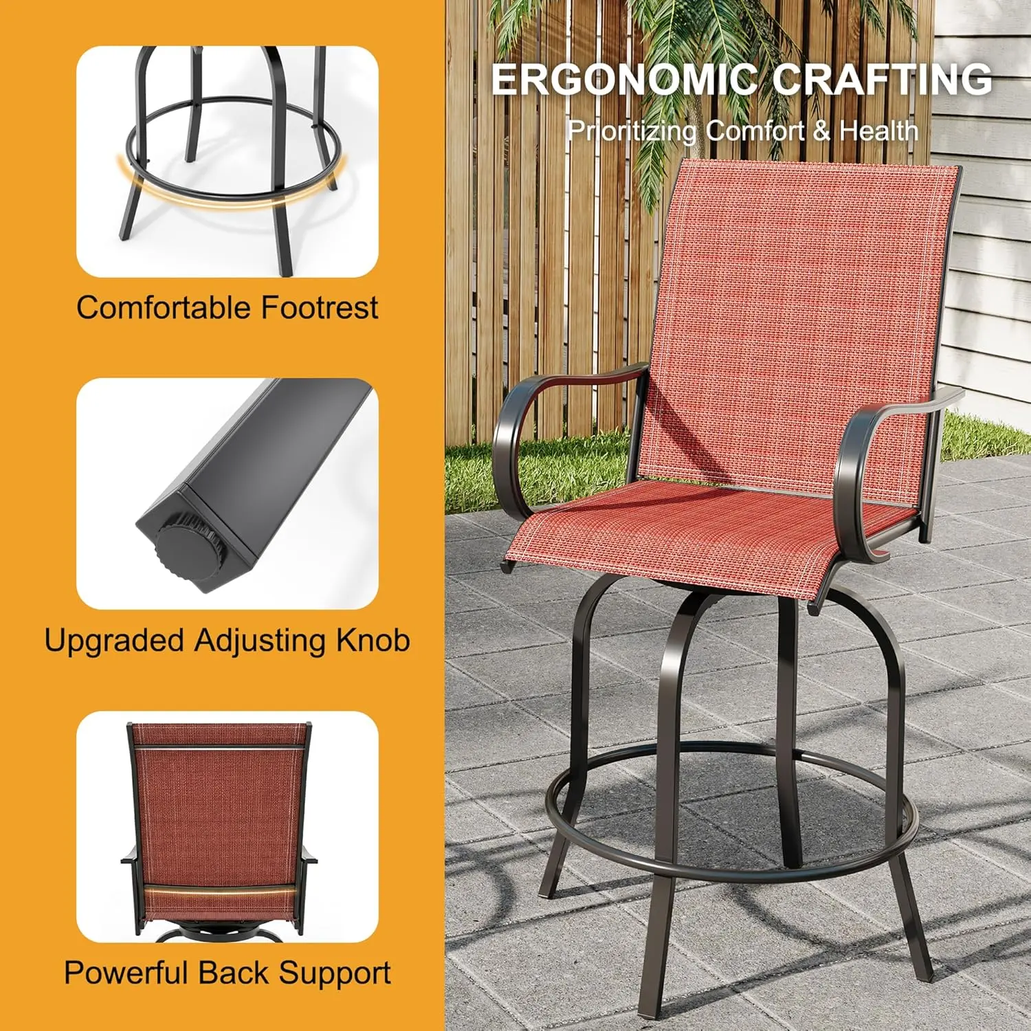 All-Weather Swivel Patio Bar Stools Set of 2 – 360° Rotating High Back Chairs with Armrests – Tall Outdoor Barstools for Deck, Backyard, Garden