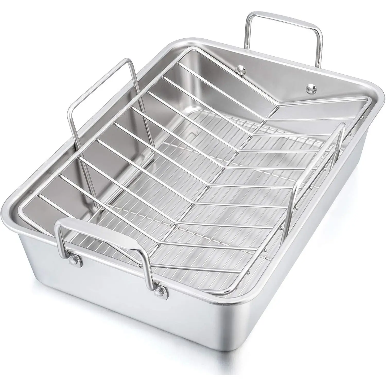 16" Roaster Roasting Pan with Baking Rack and V-shaped Rack, Stainless Steel Rectangular Lasagna Pan with Handles for Turkey Chicken, Healthy & Dishwasher Safe, 3 Pieces, Silver