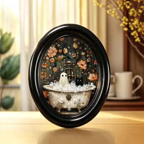 Victorian Ghost and Cat Bath Art, Vintage Wall Art, Dark Aesthetic Spooky Retro Oval Frame Wall Decor, Halloween Christmas Thanksgiving Home Office Decoration