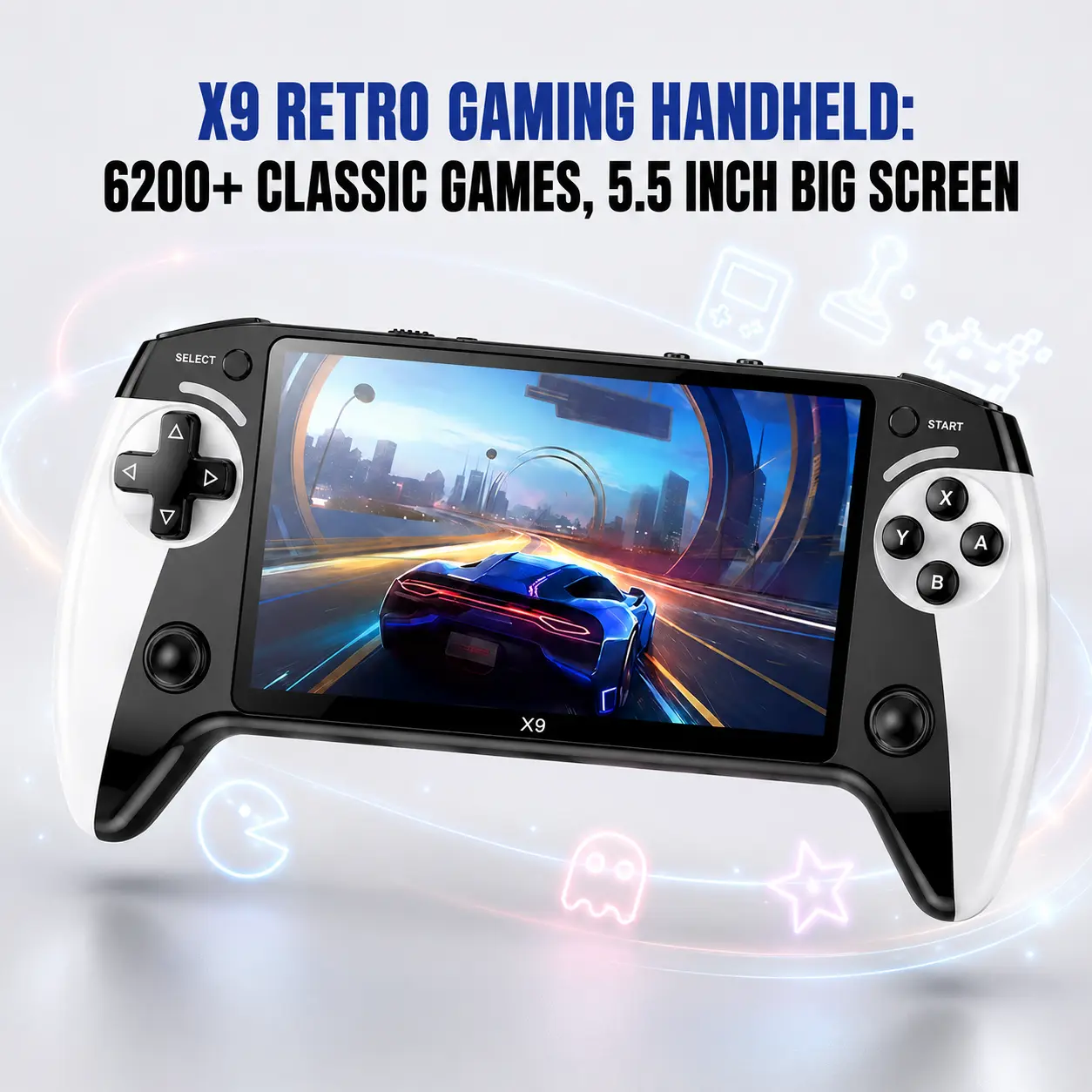 X9 Retro Handheld Game Console with 5.5-inch HD IPS Eye-Protection Screen, Retro Gaming Console with TXT E-Book, Linux System, TV Output, 6200+ Games, External Gamepad, Music, 2000mAh Handheld Console