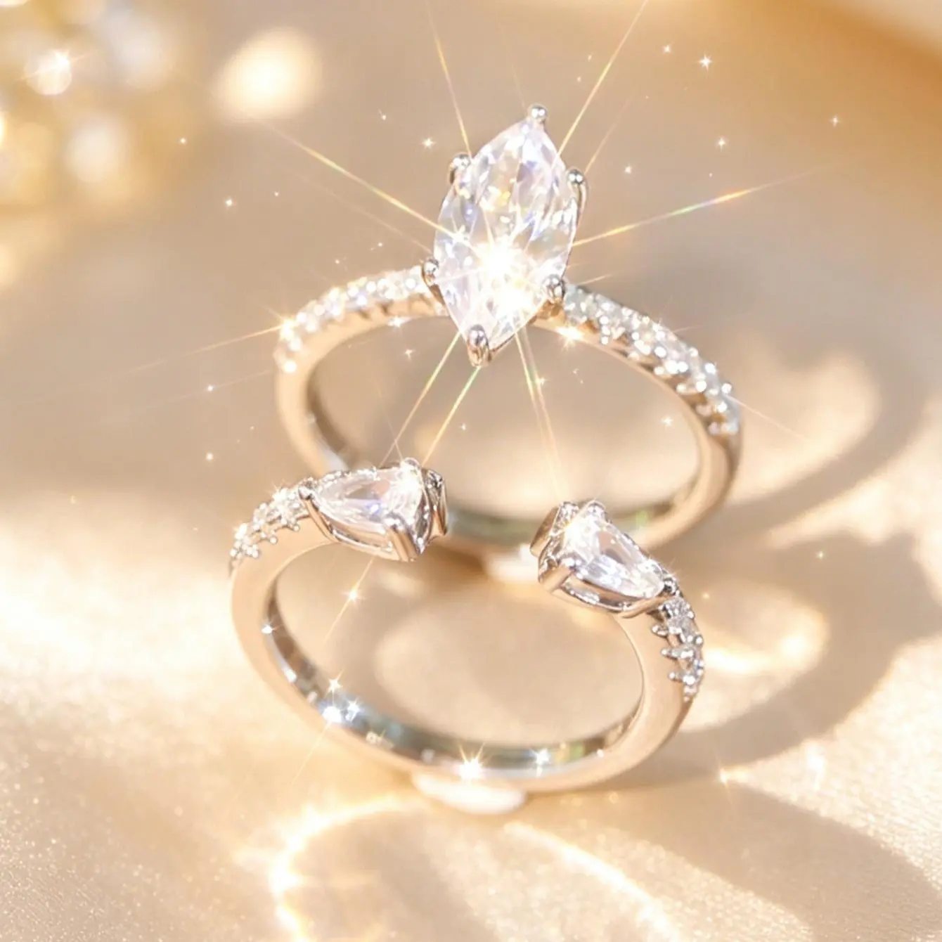 2-Piece Fashionable Marquise  Couple Ring Set Simple Elegant Style Stackable Promise Rings for Couples Daily Wear Love Token Gift