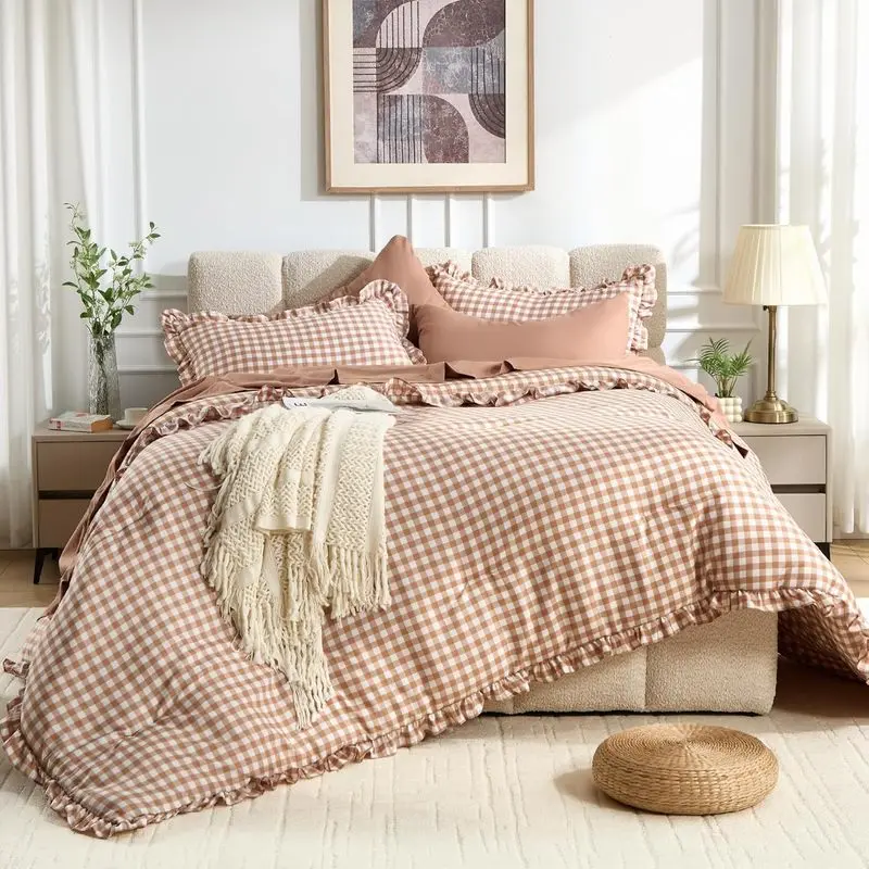 Queen Size Brown Gingham Ruffle Comforter Set - 7-Piece Tartan Plaid Bedding Set with Sheets, Soft Breathable Wrinkle Resistant Farmhouse Comforter, Cottagecore Shabby Chic All-Season Bed in a Bag
