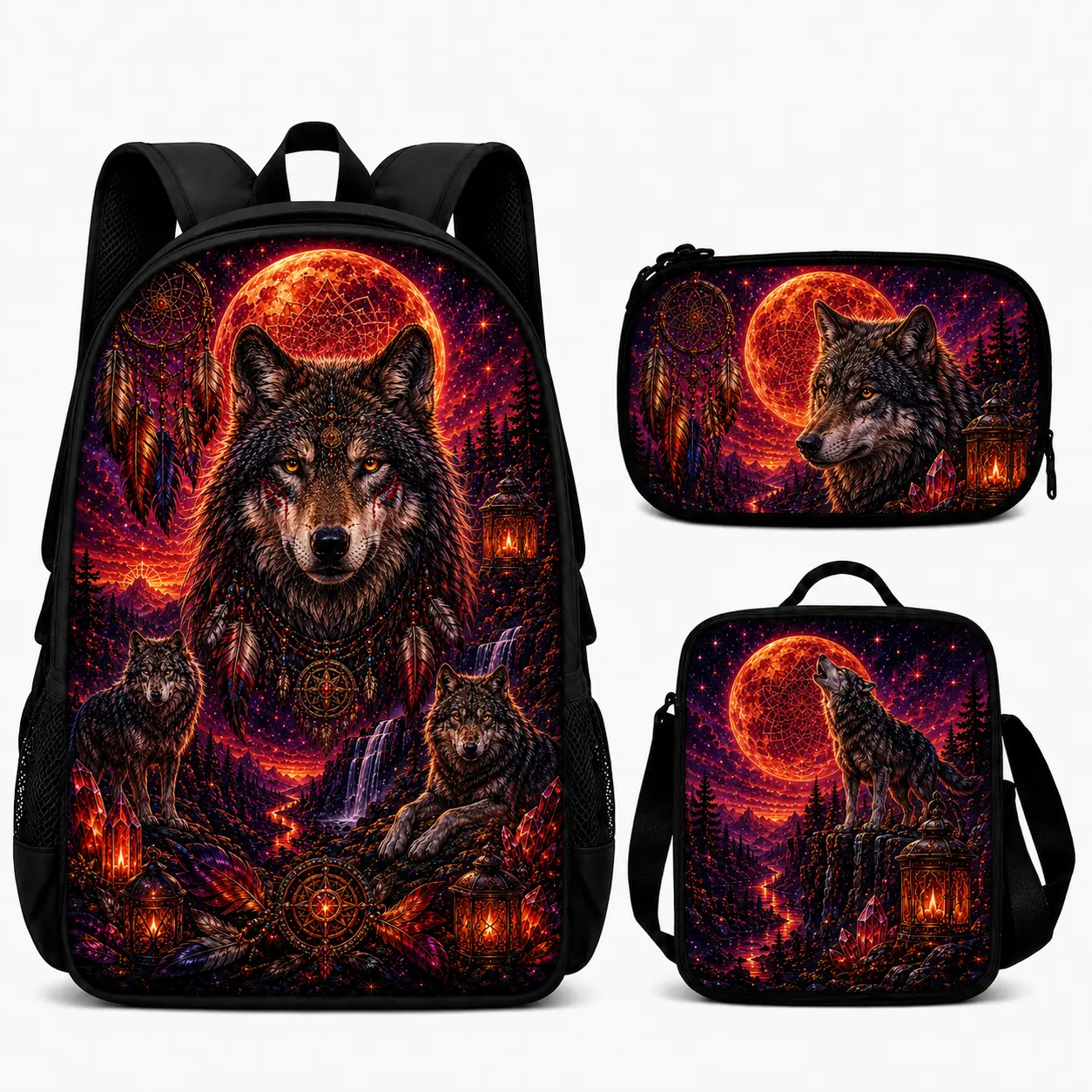 Wolf Pack Wildlife 3 Piece Backpack Set, with Lunch Bag and Pencil Case, Adjustable Straps, Top Handle and Side Pockets, Wolf Wilderness Animal Graphic Design for Students and Teens, School and Travel, Red Moon, Green Forest, Synthetic, Elementary School