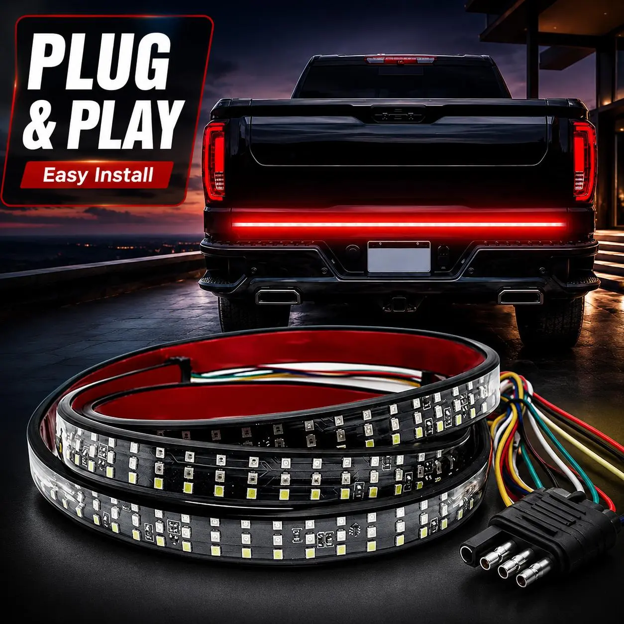 Plug & Play 60 Inch LED Tailgate Light Bar, No Drill Truck Tail Light Upgrade with Triple Row Brake, Reverse & Turn Signals, Waterproof Pickup Truck Accessories