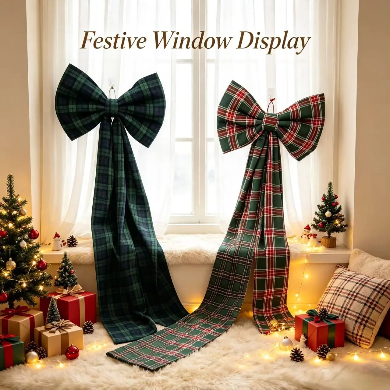 Plaid Long Tail Bow Christmas Scene Decoration, Vintage Plaid Bow Festive Tree Hanging Ornament, Retro Grid Christmas Bow Festival Decor