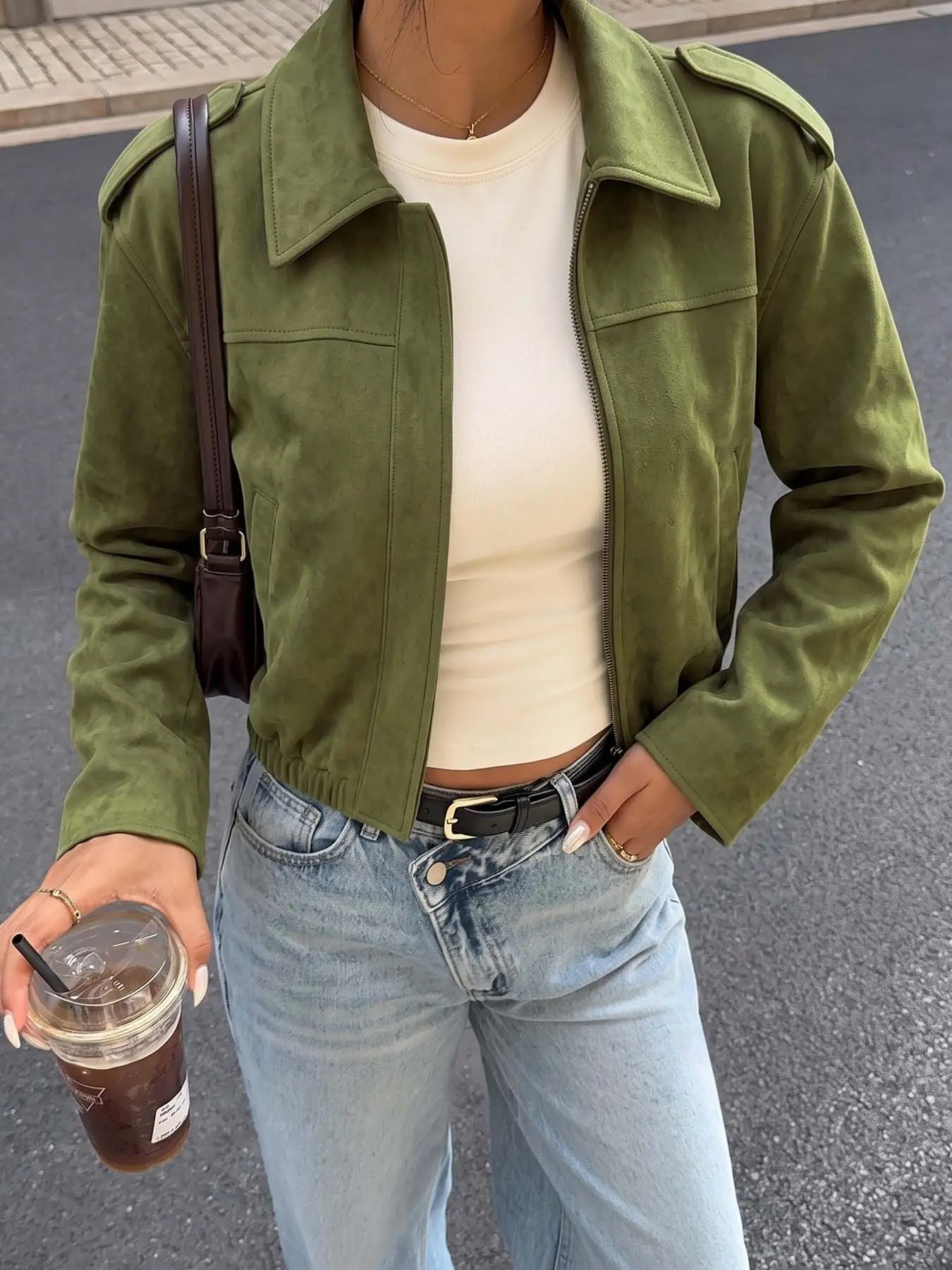 Green suede-like short jacket with a turn-down collar and zipper, slim-fit coat, minimalist vintage everyday aesthetic, perfect for coffee dates, city shopping, campus walks, autumn trips, and weekend outings.