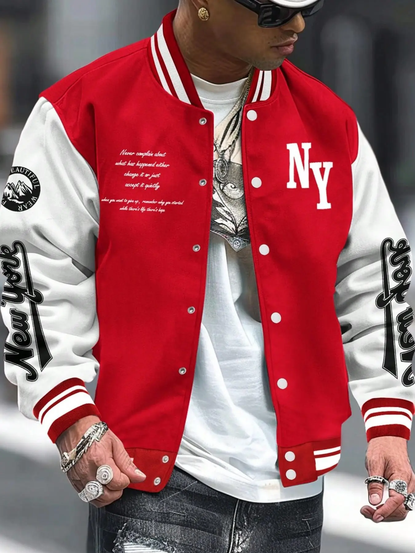 Men's American Style Multi-Color College Wind Baseball Jacket, Ny Letter Print, Loose-Fit, Casual Outerwear, Spring & Fall Top