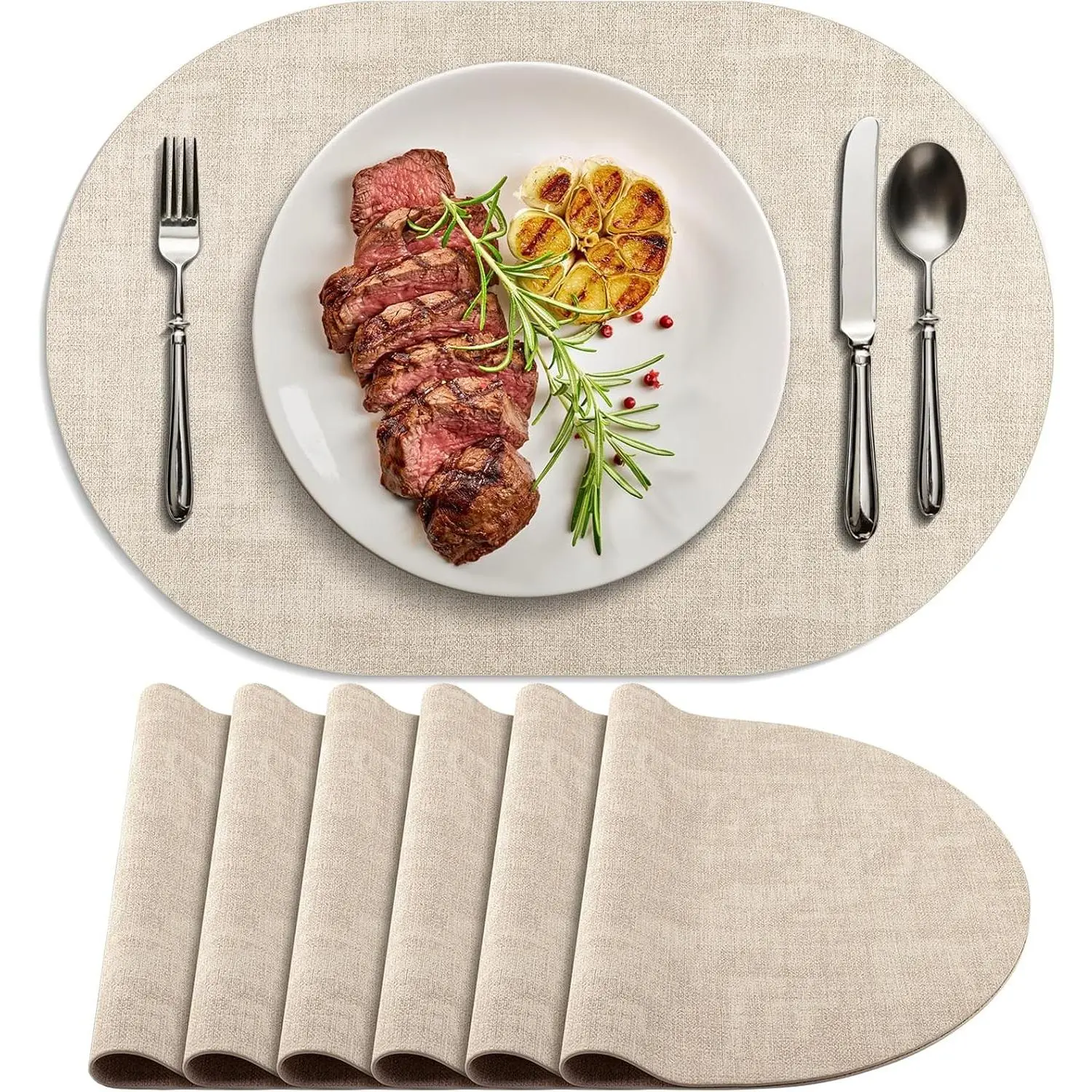 Placemats for Dining Table Set of 6 Non-Slip, Heat Resistant Oval Leather Placemat Double Layer, Waterproof Table Mats Easy to Clean for Kitchen Dining Room Coffee Office Table, Beige