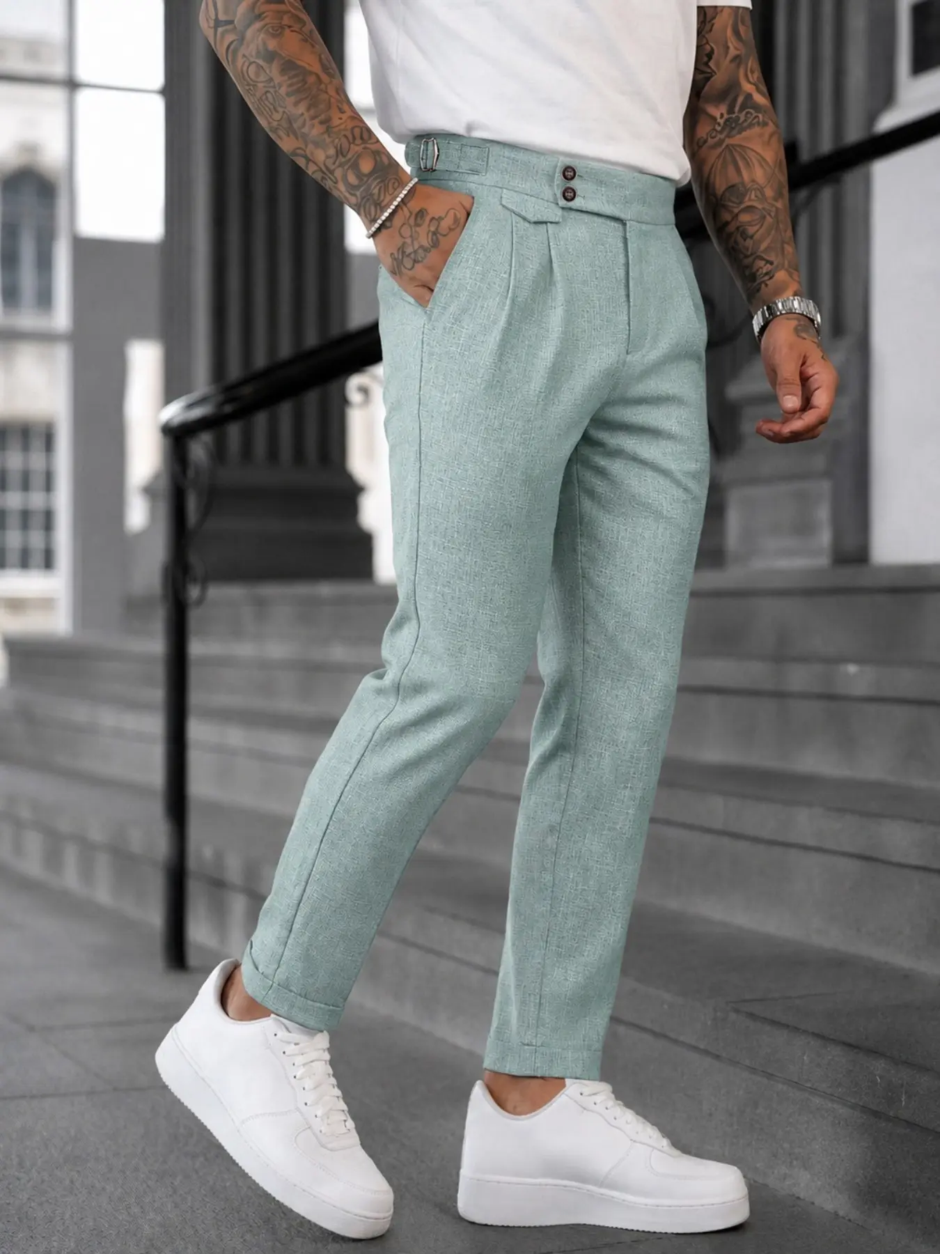 Men's Casual Business High-Waist Button-Fly Suit Pants, Breathable Anti-Wrinkle Lightweight Fabric, Ideal for Office & Weddings