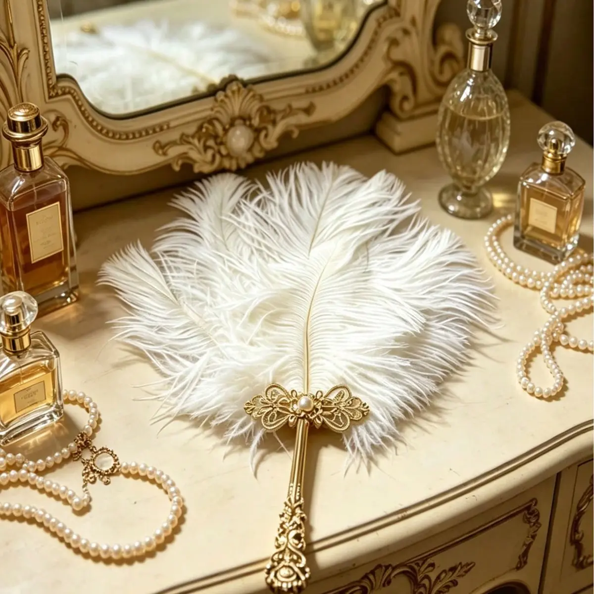 Vintage Court Style Luxury Feather Fan, Engraved Diamond and Pearl Handle, Hanfu Qipao Photography Prop, Elegant Decorative Party Hand Fan, Chinese Fan