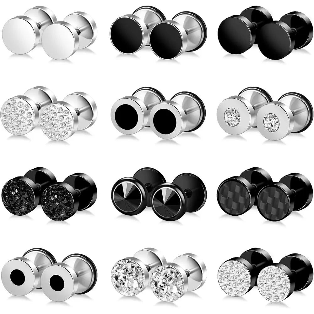 12 Pairs Vintage Faux Gauge Earrings, Stud Shape with Resin Inlays & Synth Zircons - Black Minimalist Stud Earrings for Men, Wedding Gifts