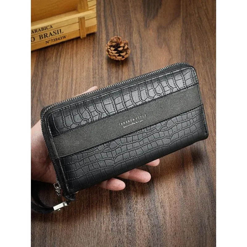 Long Wallet for Men in Glamorous Crocodile Pattern, Large Capacity Zipper Purse with Multi-Card Cash Storage