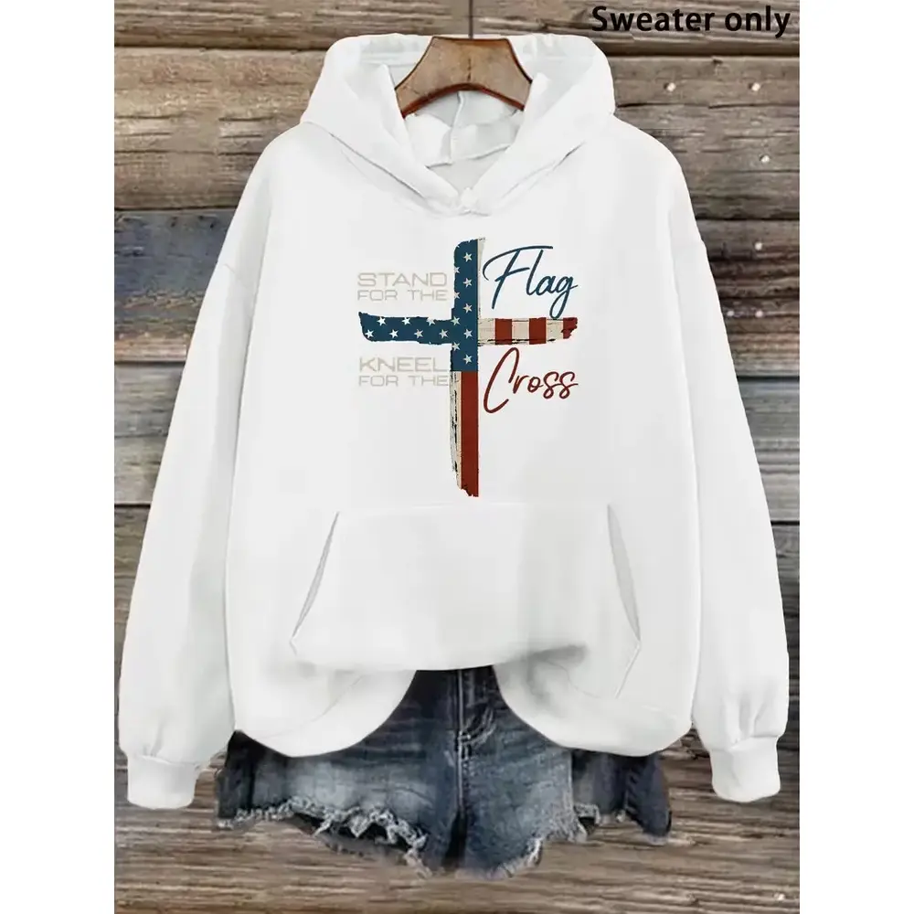 Women's Patriotic Flag & Cross Graphic Cropped Hoodie, Casual Long Sleeve Cotton Blend Pullover Sweatshirt for All Seasons, Party, Fits