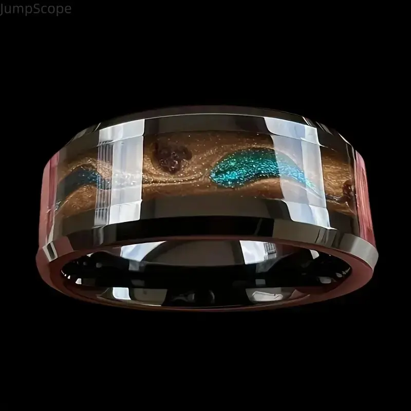 Handcrafted Tungsten Men's Wedding Band - Blue Opal, Garnet Inlay, Meteorite Pattern, Funky Peppy Glamorous Men's Accessories for Adults, Engagement & Intimate Gift for Boyfriend, Ring, Unique Rings, Jewelry Rings