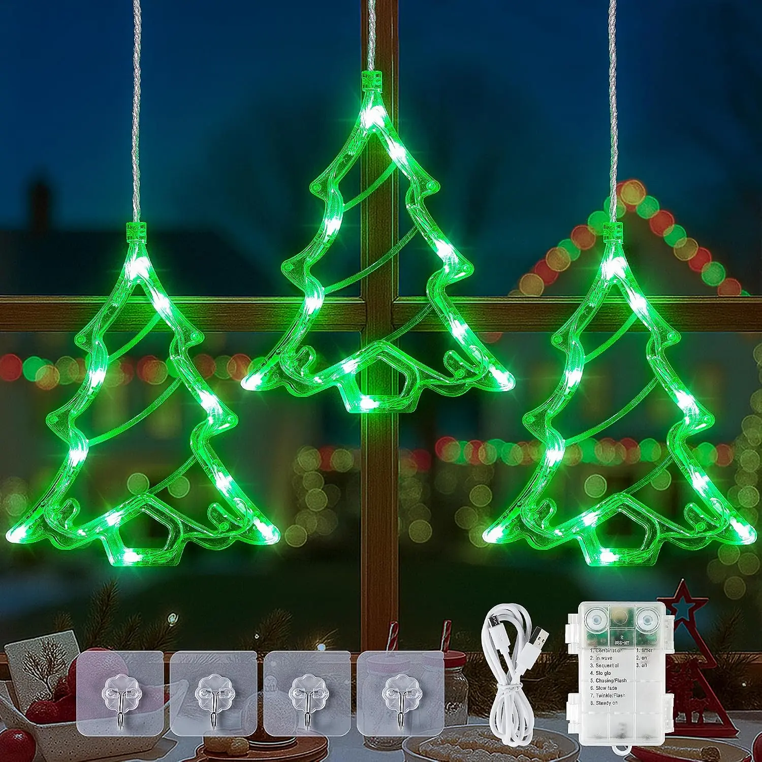 Christmas Window Lights,3 Pack 30LED Tree Lights,USB &  | Green Silhouette,8 Modes,Timer And Memory,Twinkle  Lights For Wall,Bedroom,Indoor And Outdoor Xmas Decor