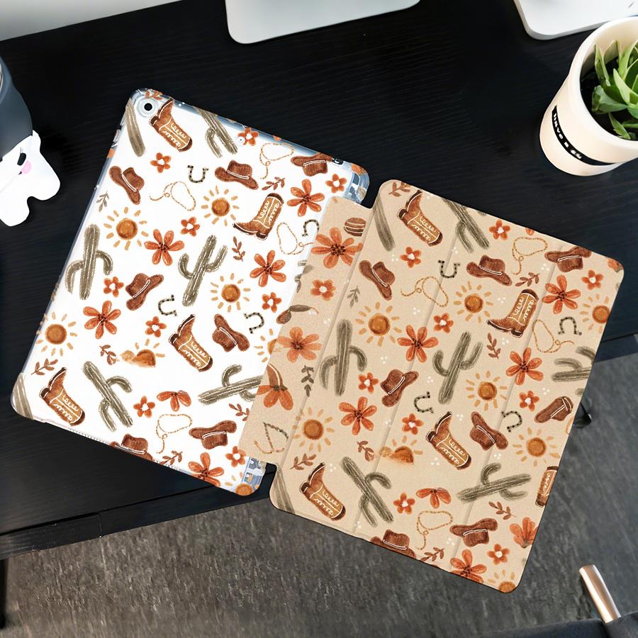 Horseshoe and cactus pattern, adjustable stand and pen slot, foldable non-slip TPU protective case, suitable for Samsung, iPad mini, iPad Air, iPad Pro/iPad 10th generation, 11th generation and other iPad models.