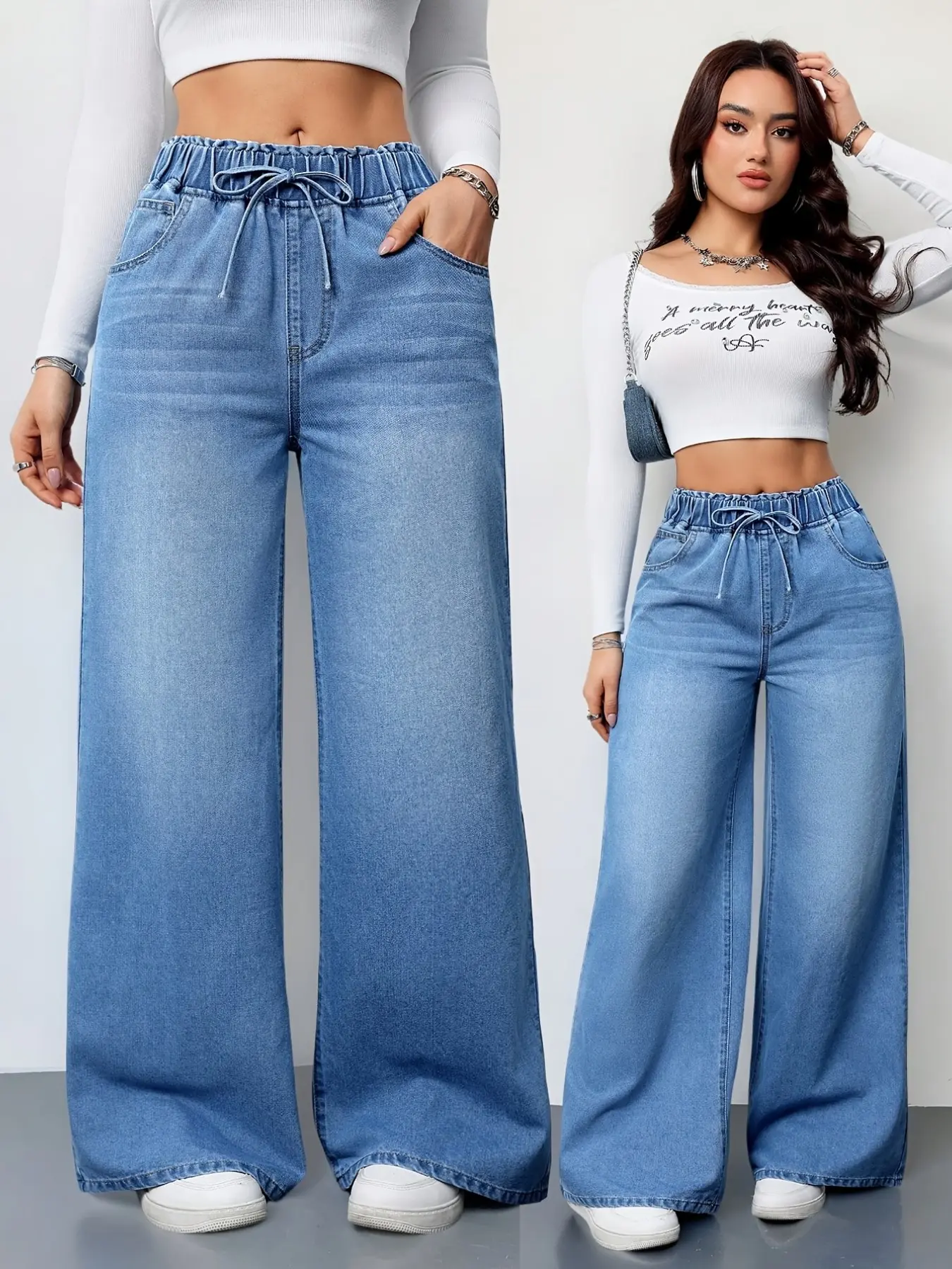 Women's Casual Stretch Waist Drawstring Denim Wide Leg Long Pants, Comfortable & Stylish Design, Perfect for Daily Wear