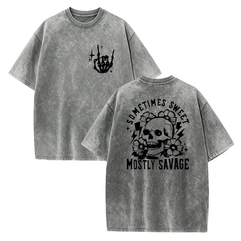 Women's 100% Smooth Solid Cotton Seamless Gothic Grunge Aesthetic T-Shirt - Short-Sleeve Loose Fit Round Neck, Edgy Skull & Lightning Bolt Graphic, "Sometimes Sweet Mostly Savage" Slogan, Foldable, Machine Washable for Spring/Summer Casual Wear