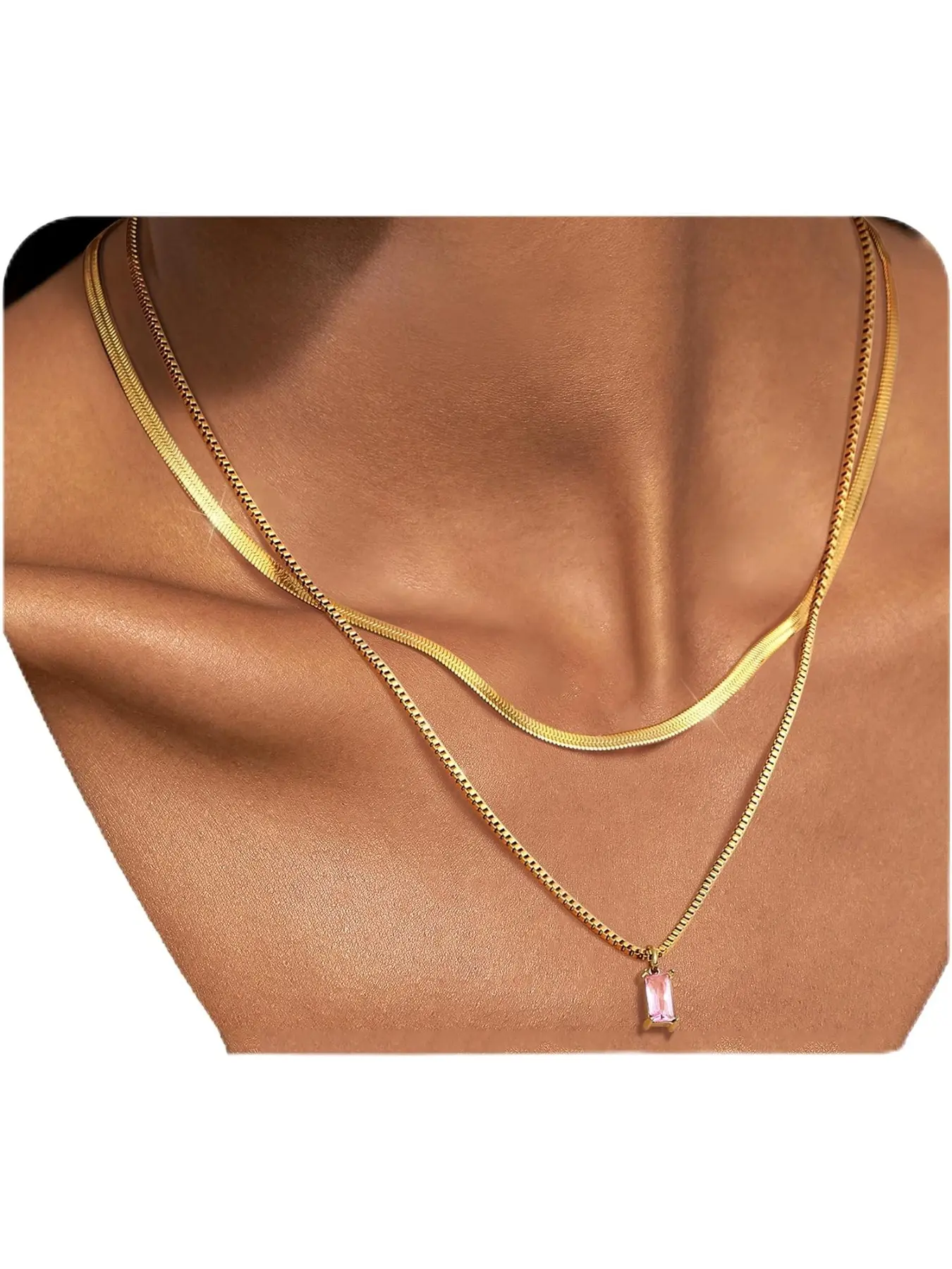 Gold Birthstone Necklaces for Women Dainty 14K Gold Plated Layered Necklace sparkling Green Diamond Exquisite Trendy Pendant Necklace Simple Lightweight Gold Chain Necklace Set Stack Tarnish Free Gold Layered Necklaces Jewelry for Women Trendy