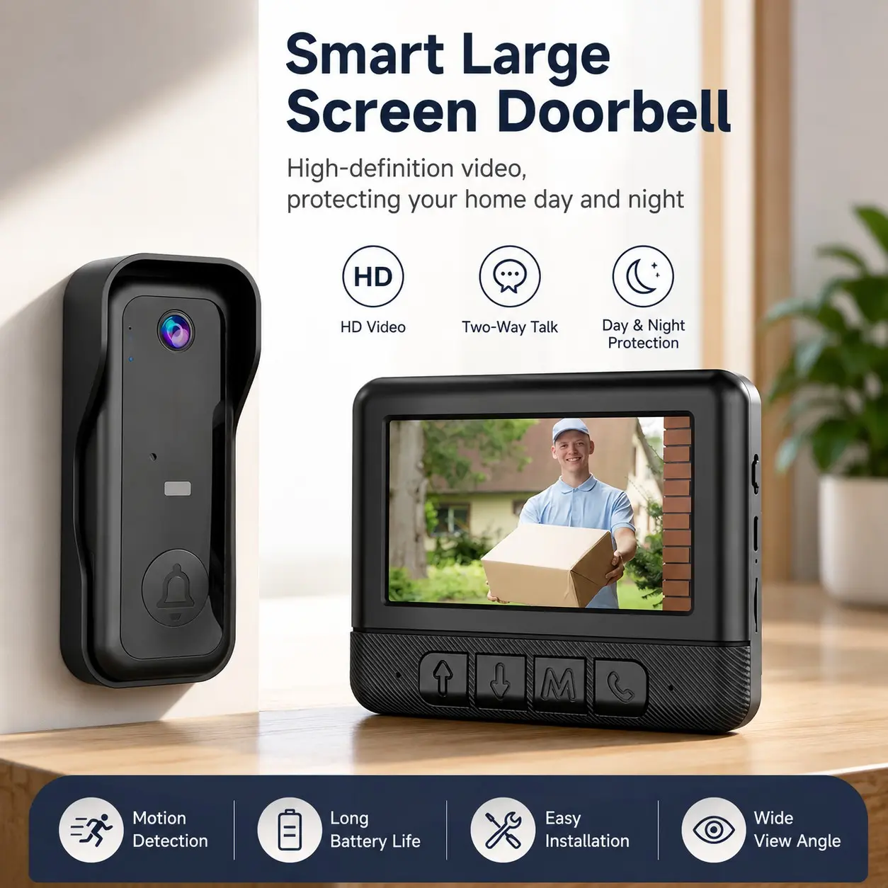 Smart Video Doorbell, 4.3 Inch Color Screen, HD Video Intercom, Long Battery Life, No Network Needed, Supports Video Call, Bidirectional Voice, Rechargeable Wireless Doorbell