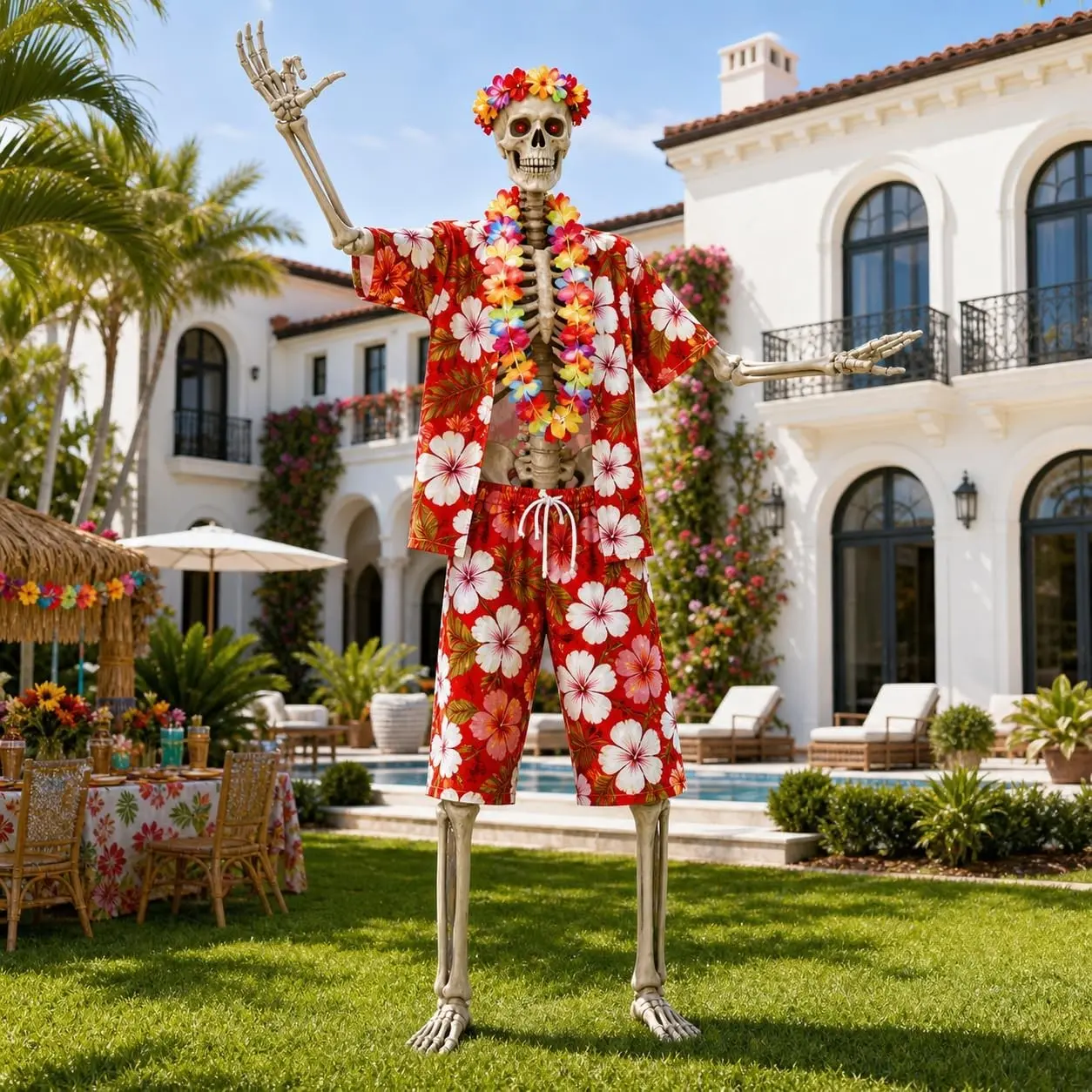 4 Pcs 12ft Skeleton Hawaiian Outfit Set, Tropical Hibiscus Shirt and Shorts with Flower Leis & Headband, Giant Skeleton Summer Beach Vacation Clothes, Outdoor Yard Lawn Decoration Accessory
