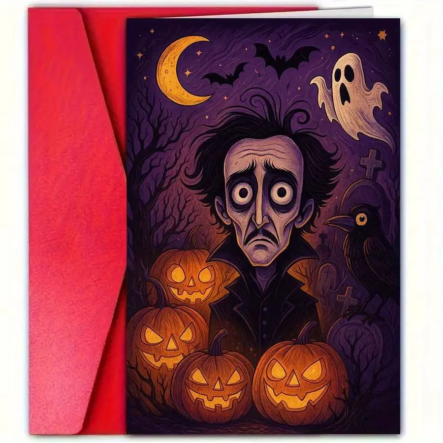 Spooky Halloween Greeting Card, Eerie Pumpkins and Raven Design, Perfect for Friends and Family, Halloween Party Invitations, Festive Decorations