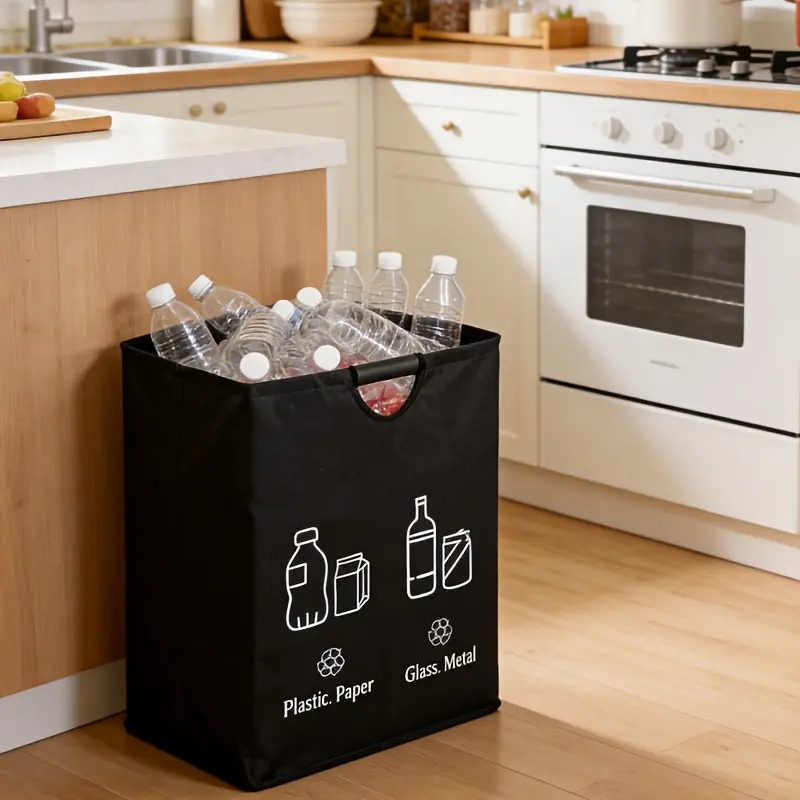 1/2pcs Foldable Kitchen Recycling Bin, large capacity trash organizer with soft sturdy handles, holds up to 60 bottles easily. Collapsible storage design saves space, perfect for home kitchen office waste sorting and bottle collection tidying.