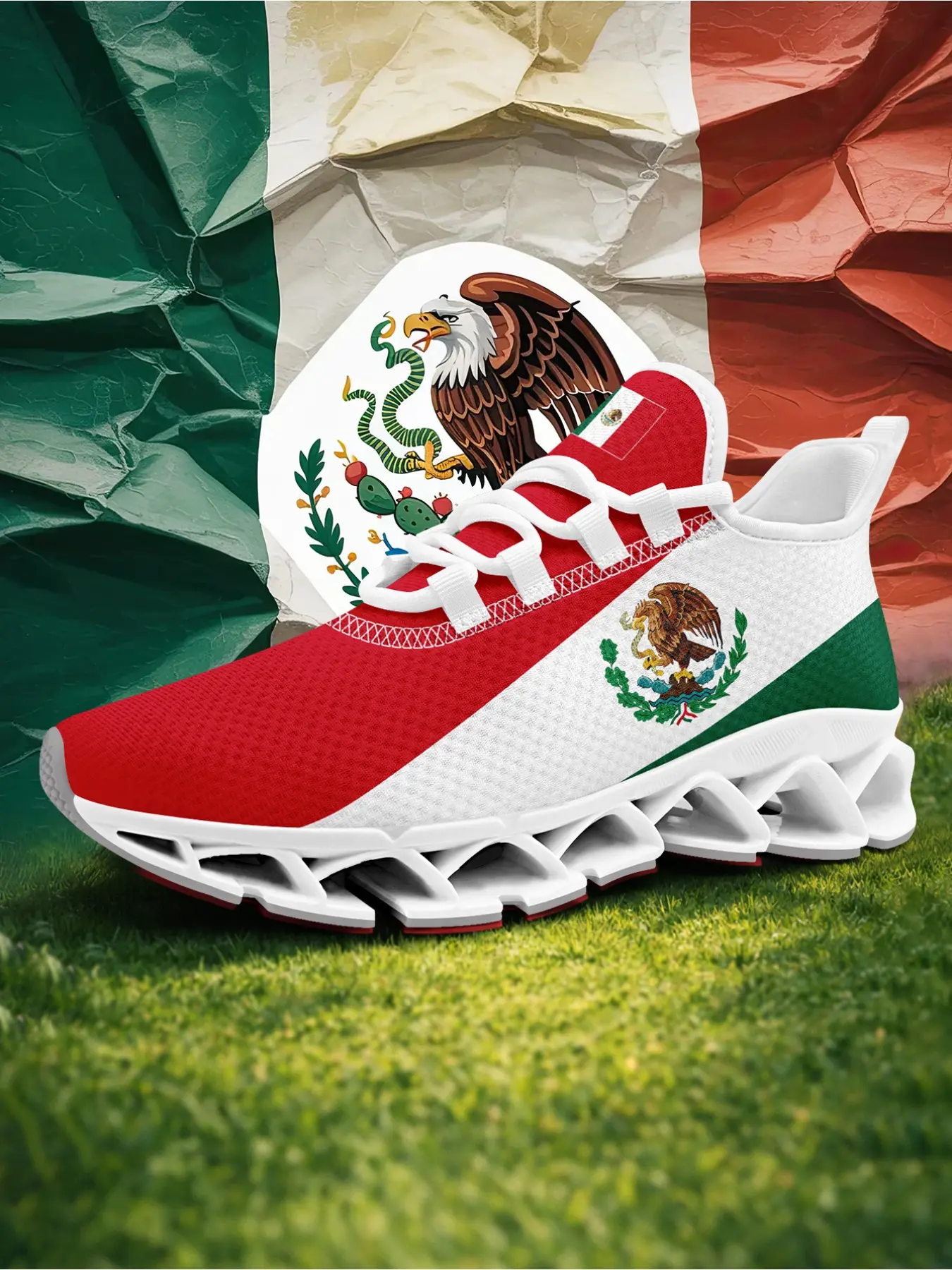 Men's Red Green White Mexico Flag Print Lace-Up Low Top Casual Running Sneakers, Lightweight Sports Shoes, Comfortable Running Shoes, Walking Shoes, Breathable Plus Size