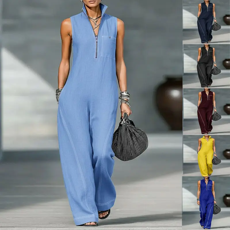 Women's Modest Stand-Collar Jumpsuit, Elegant Sleeveless Loose-Fitting Cotton-Linen Outfit for Daily Wear, Jumpsuits For Women, Women's Jumpsuits