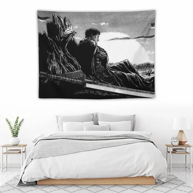 Berserk Guts Sitting Sword Wall Print Tapestry for Adult Fans, Mid-century Modern Black Flash Manga Wall Art, Y2K Y3K Aesthetic Room Decor, 1980s Retro Cinematic Bedroom Flag for Anime Otaku Men Gen Z, Wall Hanging
