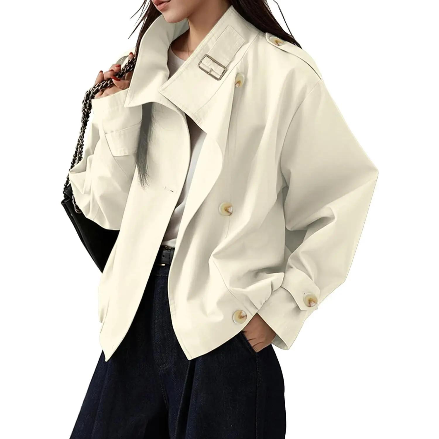 Women's Trendy Vintage Turtleneck Crop Trench Coat Jacket with Pockets(Gift)