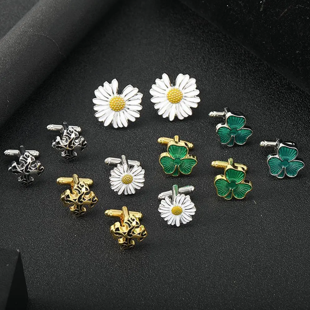 Funny Lucky Clover Daisy Shaped Enamel Cufflinks Golden And Silvers Tones Mens Cross Design Sleeve Button