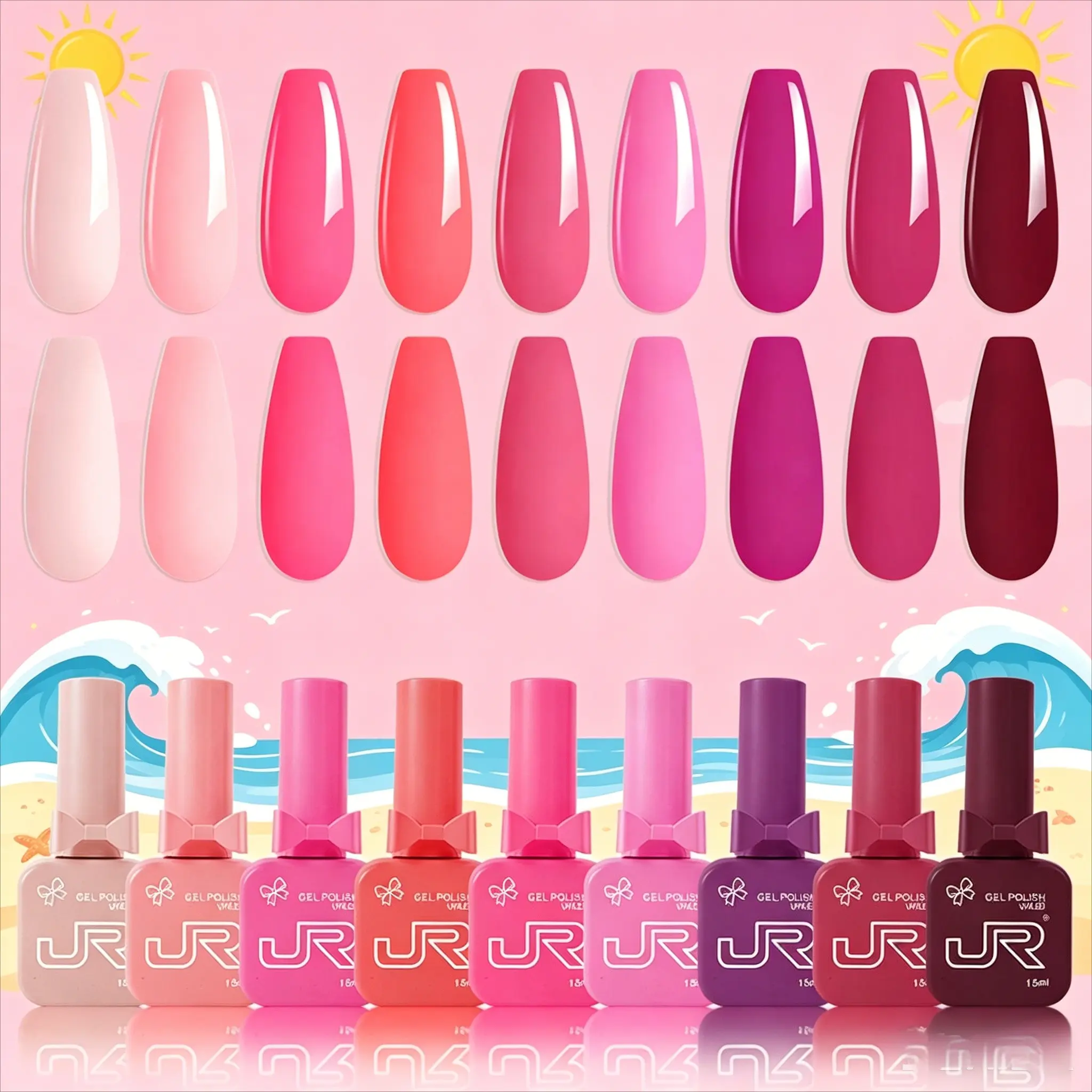 9colors JR 15ml gel polish kit Novice suit Gel Nail Polish Set - Long Lasting Pink Red nude blue color nail polish Soak Off Removable UV LED Cured Salon & Home DIY Manicure Kit Nail Care Nail Art for beginners women