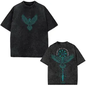 ALTER EGO LAB Men's Acid Wash Oversized Graphic Tee - Norse Mythology Odin's Raven, Vegvisir Compass, Runic Symbol, Dark Gothic Streetwear, Relaxed Fit, Wings Print, Heart Accent, Soft Fabric, Unisex Casual Menswear Gift (Washed Black)