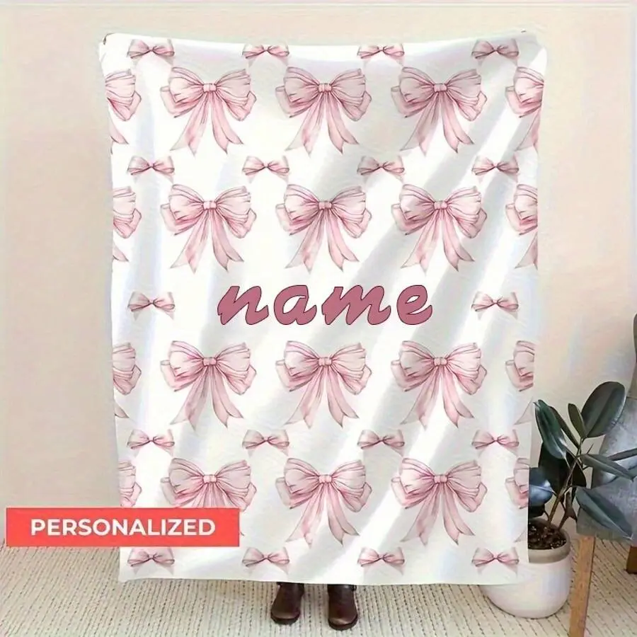 Custom Name Pink Bow Flannel Throw Blanket, Personalized name Blanket with Watercolor Bow Allover Print Design, Soft Cozy Warm Gift, Customizable Name Text Cute Room Decor