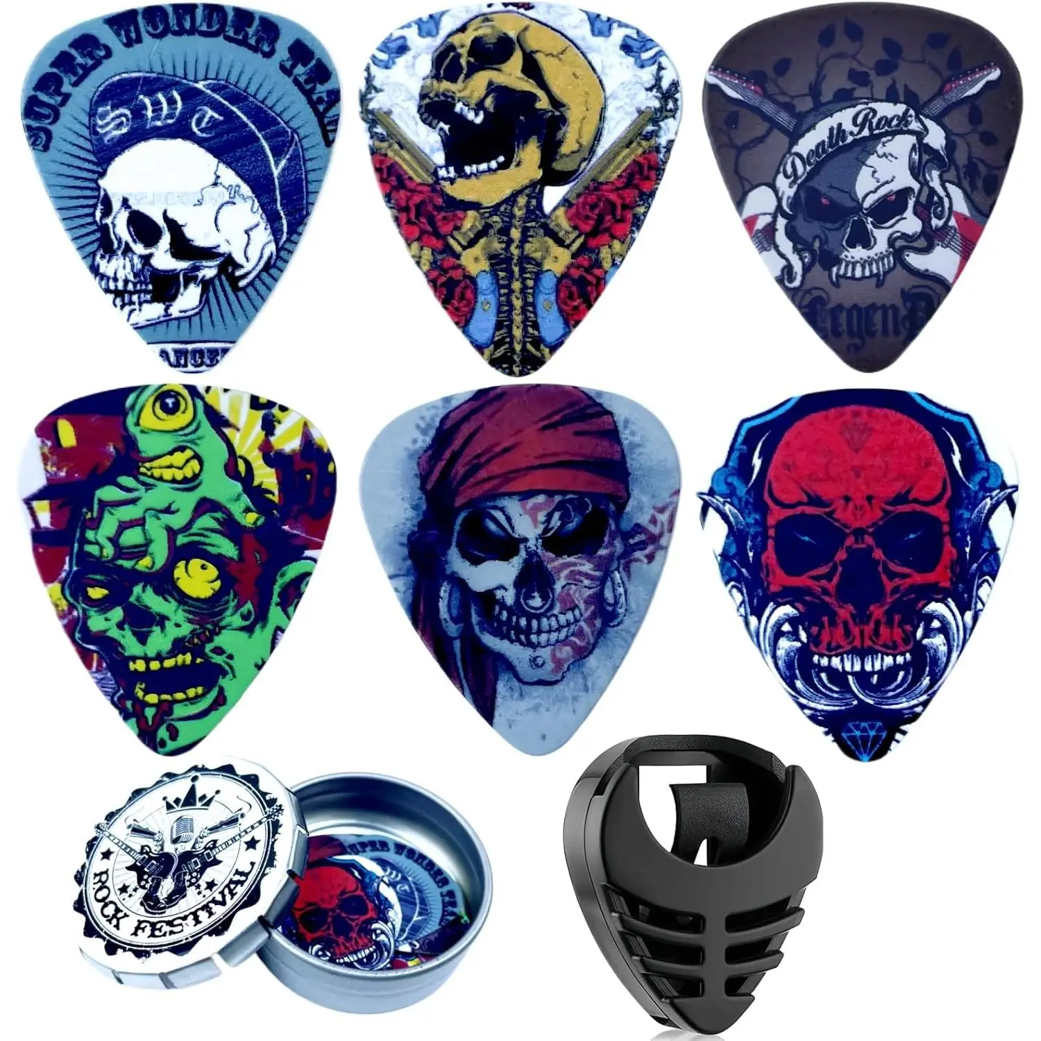 Guitar Picks-Medium, 6 Pack Art Cool Guitar Pick In Metal Box W/Black Pick Holder,   For Bass, Electric & Acoustic Guitars Lovers (Skeleton)