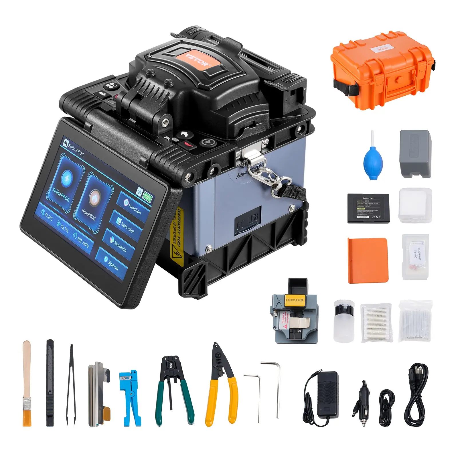 VEVOR Fiber Fusion Splicer 6 Motors, Core Alignment Fiber Optic Splicer 6s Splicing 13s Heating, Fiber Splicer Machine with 5" Touch Screen, 3 in 1 Fiber Holder, 7800mAh Battery for SM MM DS NZDS