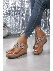 Women's Rhinestone Floral Wedge Flip Flops, Platform Thong Sandals Crystal Cutout Slip On Slides, High Heel Glitter Wedge Sandals for Wedding Party Vacation Beach