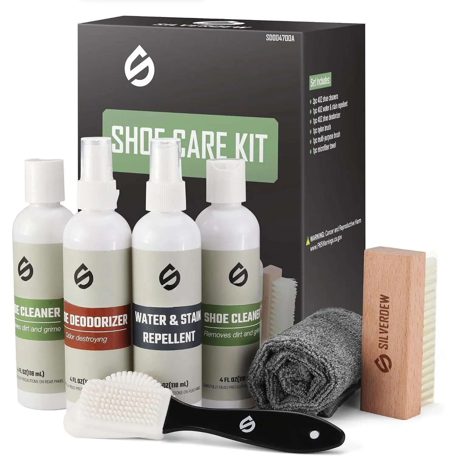 7 count Shoe Cleaning Kit | 2 Bottles Cleaner, Deodorizer, Protector, 2 Brushes, Microfiber Towel, For Sneaker, Leather, Nubuck, Suede, Mesh & Canva