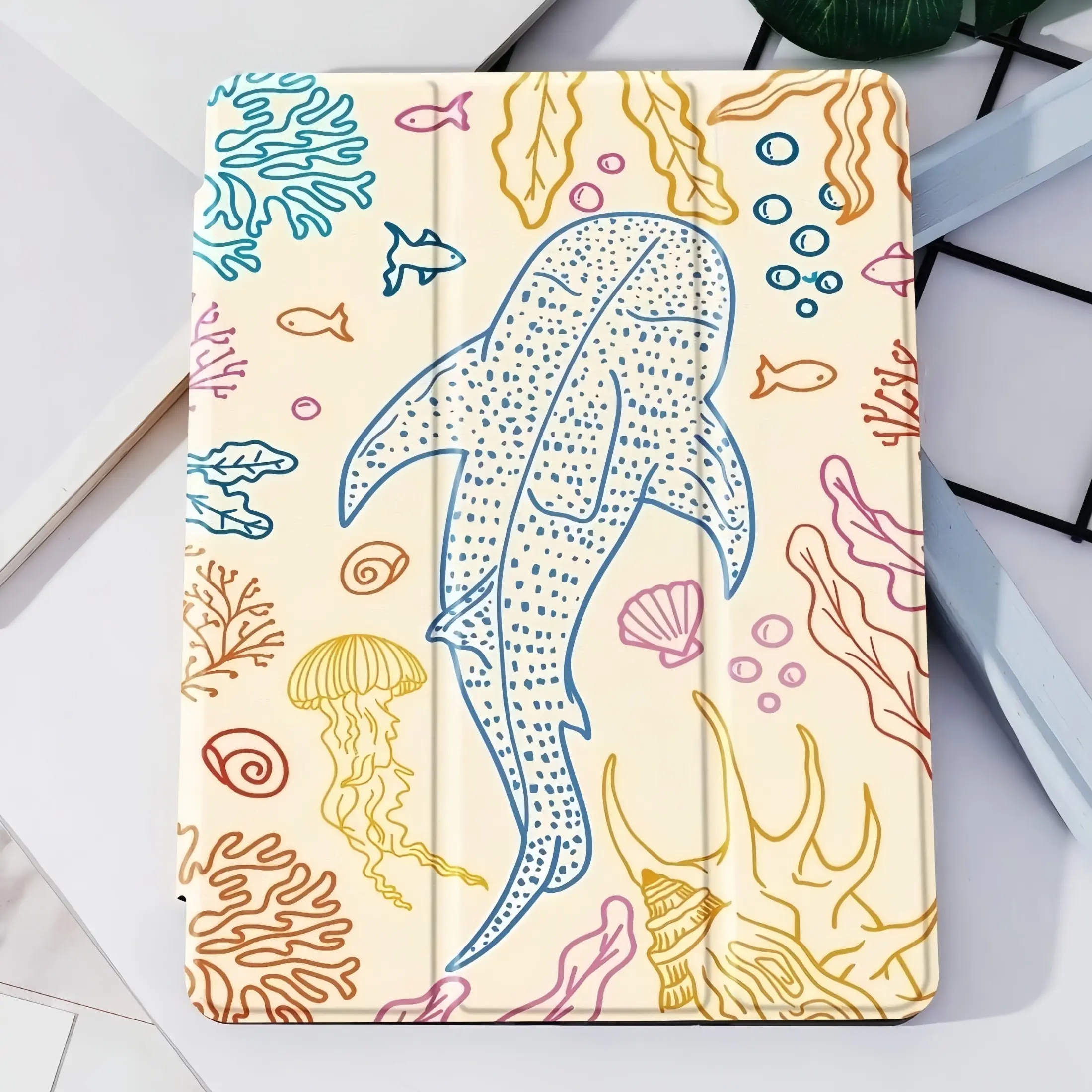 1Pcs Cream Base Hand-drawn Whale Shark Jellyfish Coral Shell Printed, Tri-fold Soft TPU Case, Tablet Protective Cover, Multi-function Stand, Snap Closure, Pencil Slot & Auto Sleep Wake for iPad5-10, Air2-5
